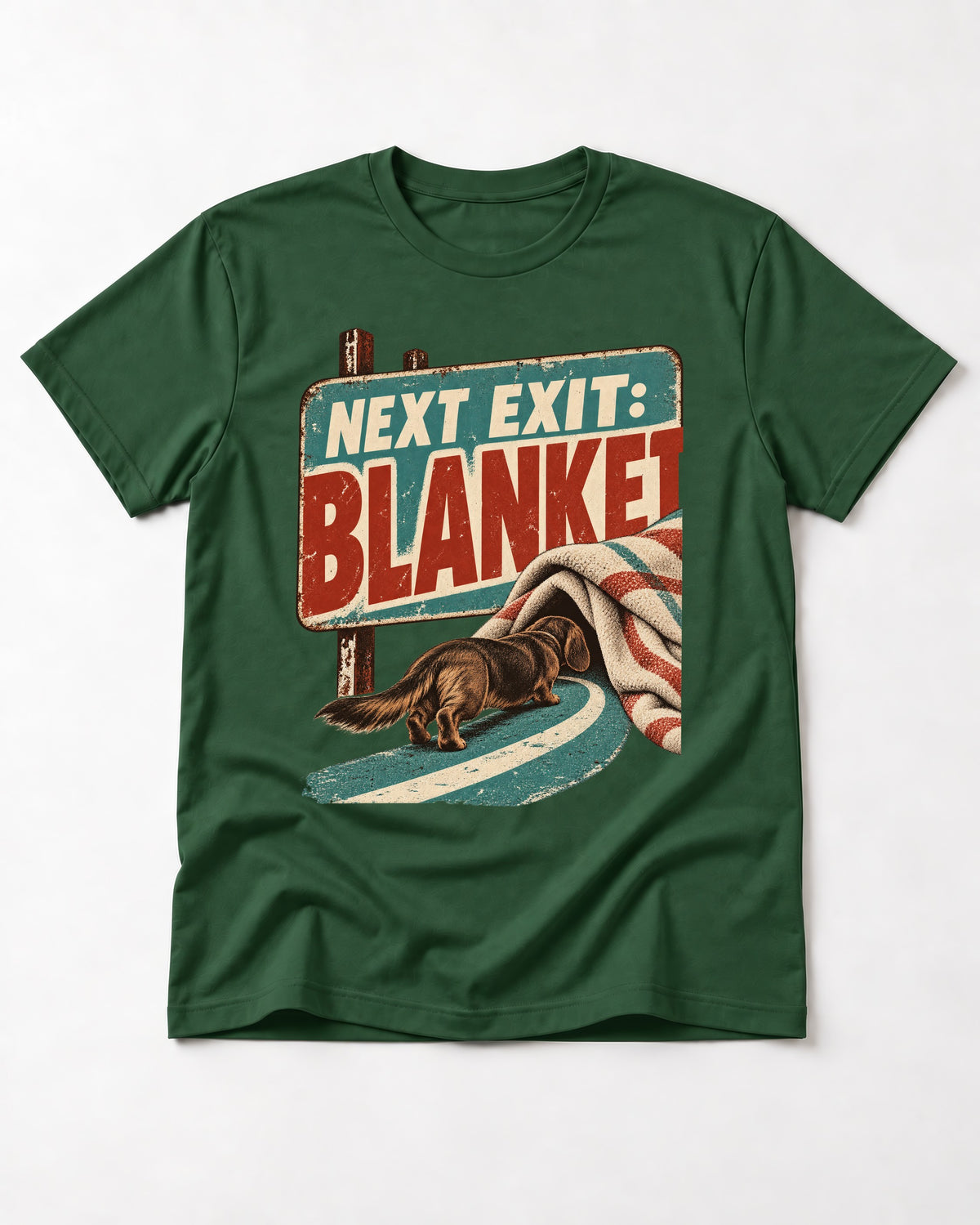 Dachshund Next Exit Blanket Road Sign Graphic T-Shirt in Forest Green, flat lay product photo