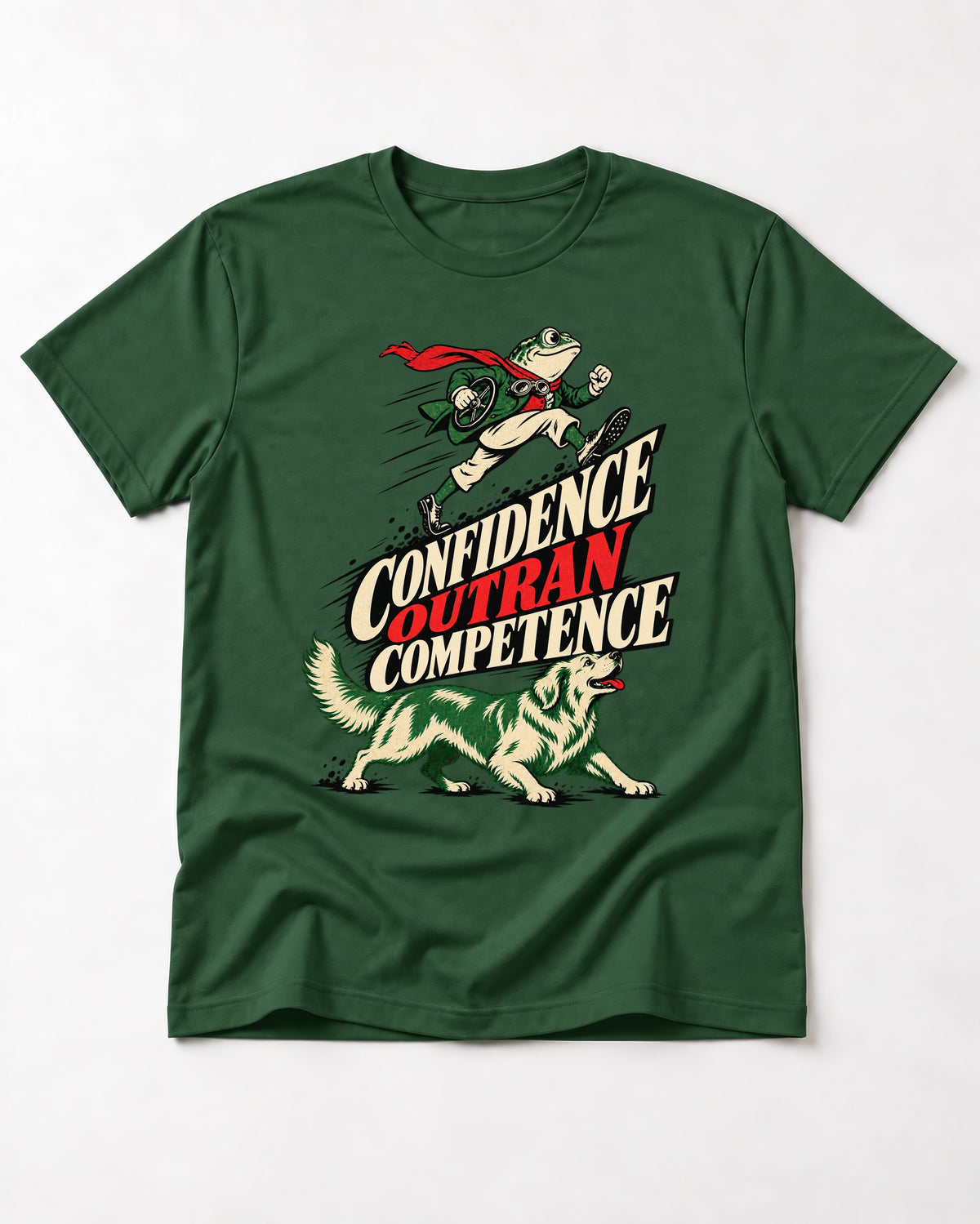 Golden Retriever Confidence Outran Competence Racing Graphic T-Shirt in Forest Green, flat lay product photo