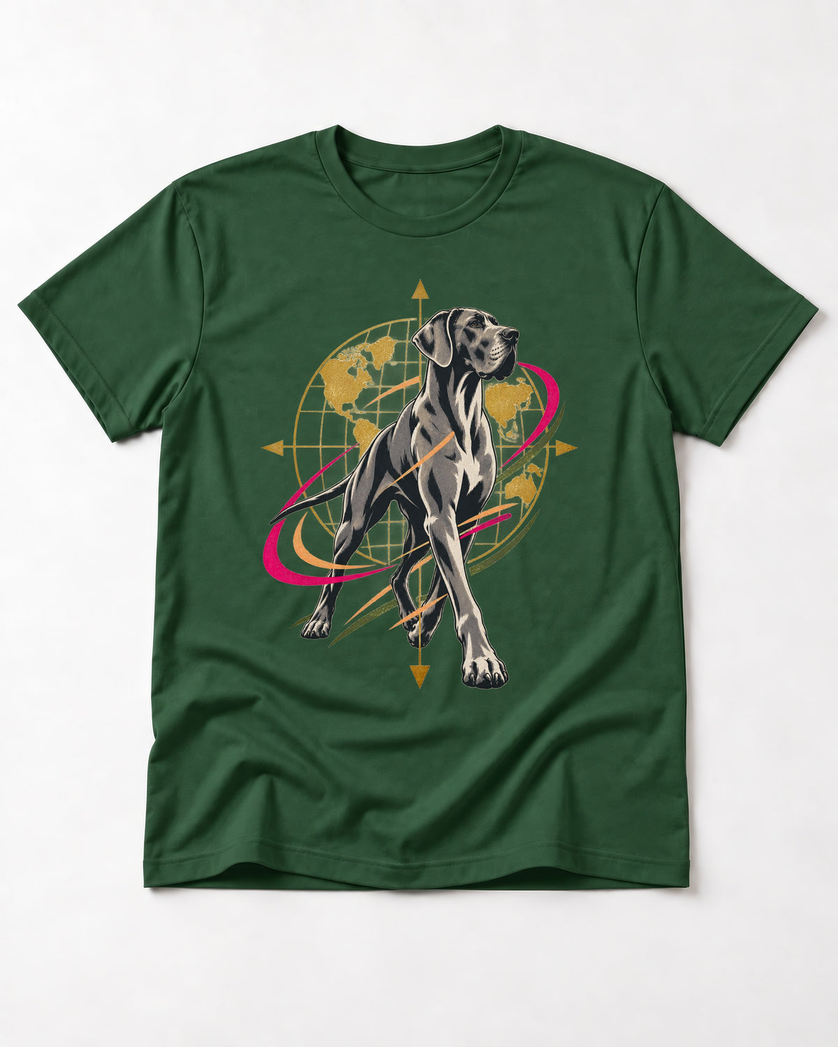 Great Dane Striding Globe Orbit Graphic T-Shirt in Forest Green, flat lay product photo