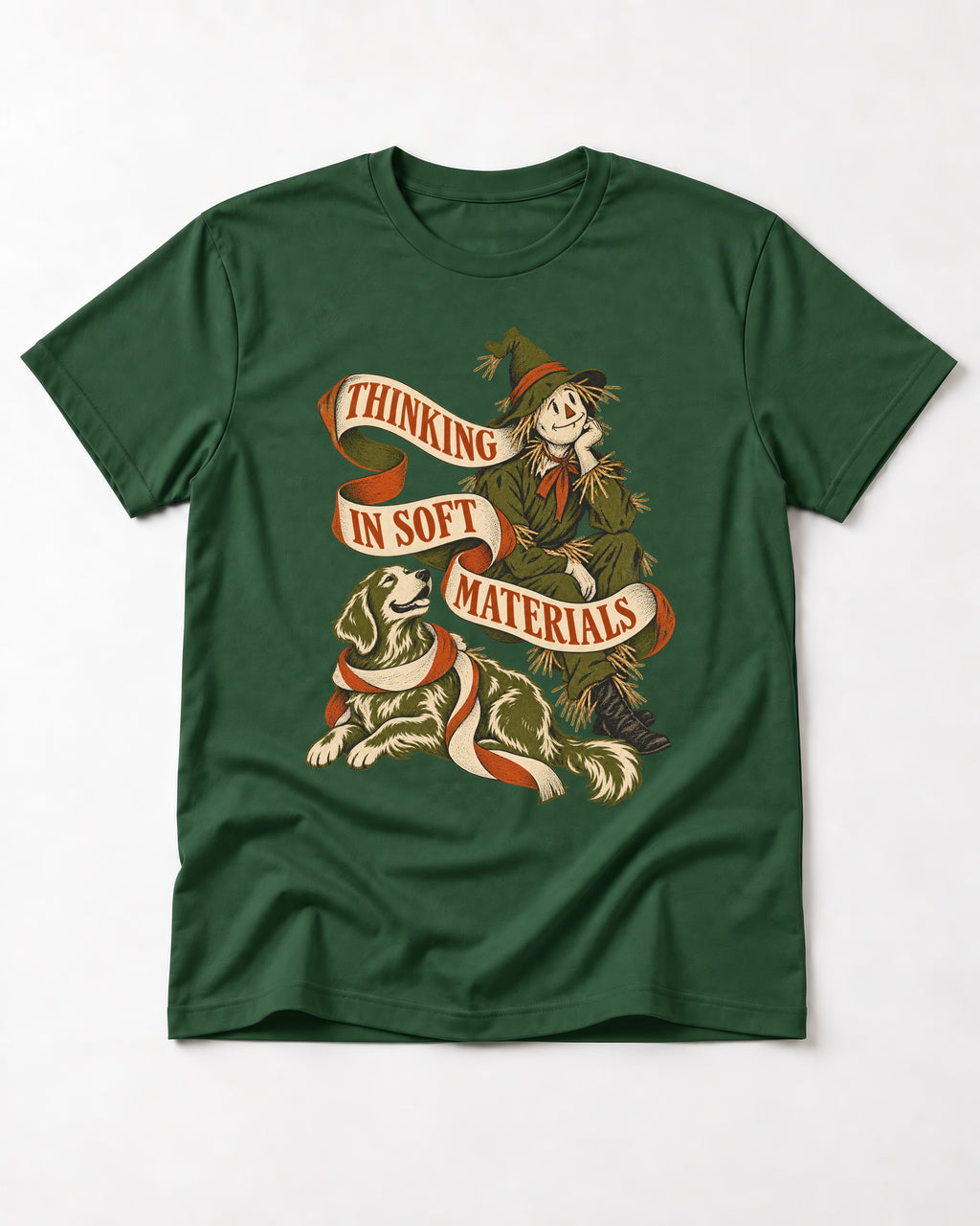 Golden Retriever Thinking in Soft Materials Scarecrow Graphic T-Shirt in Forest Green, flat lay product photo