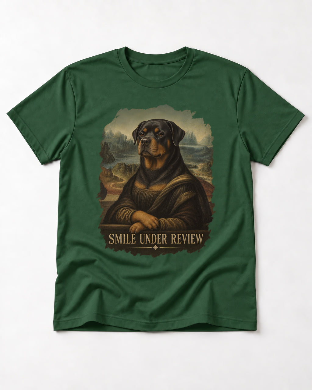 Rottweiler Smile Under Review Renaissance Portrait Graphic T-Shirt in Forest Green, flat lay product photo