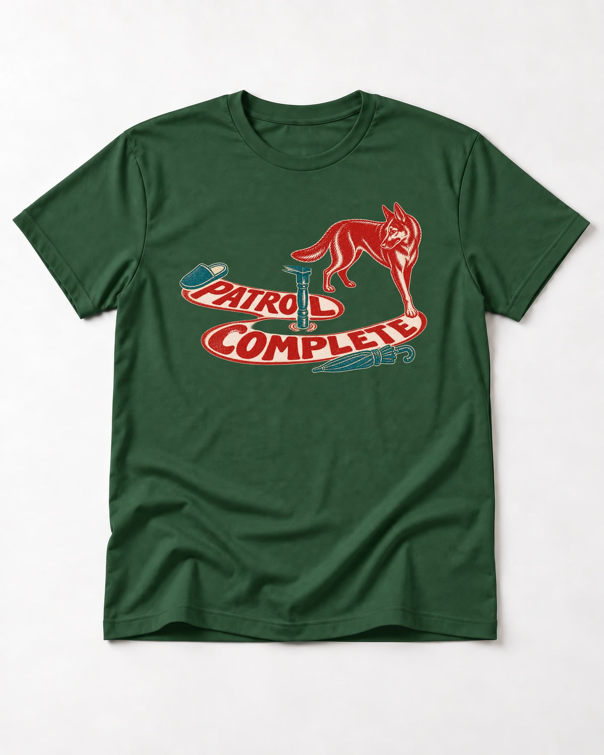 German Shepherd Dog Patrol Complete Umbrella Graphic T-Shirt in Forest Green, flat lay product photo
