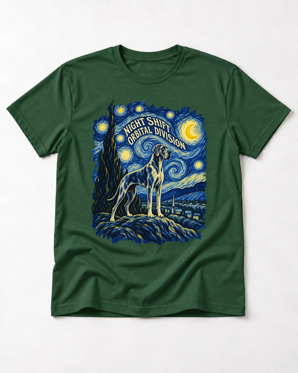 Great Dane Night Shift Orbital Division Starry Sky Graphic T-Shirt in Forest Green, flat lay product photo