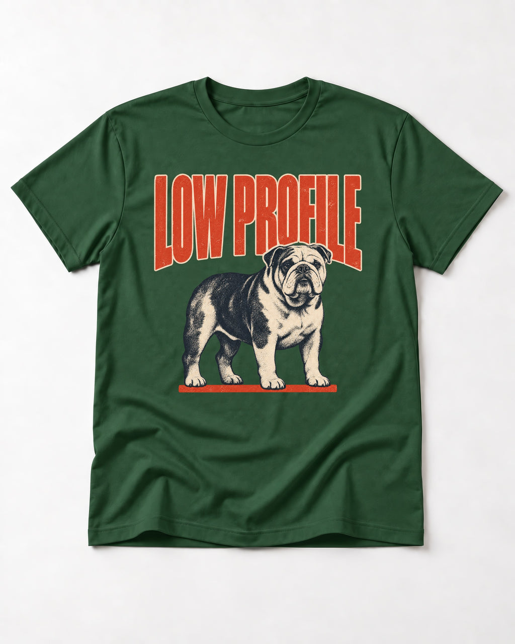 English Bulldog Low Profile Standing Graphic T-Shirt in Forest Green, flat lay product photo