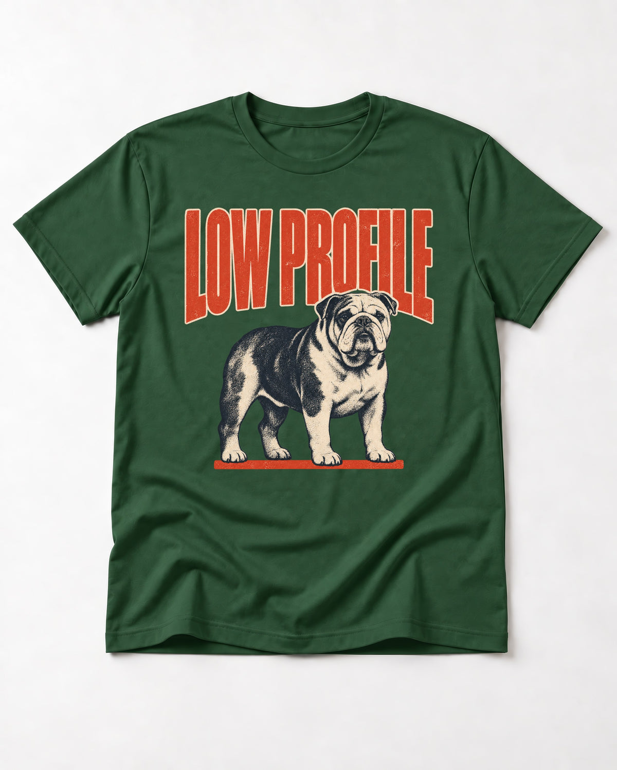 English Bulldog Low Profile Standing Graphic T-Shirt in Forest Green, flat lay product photo