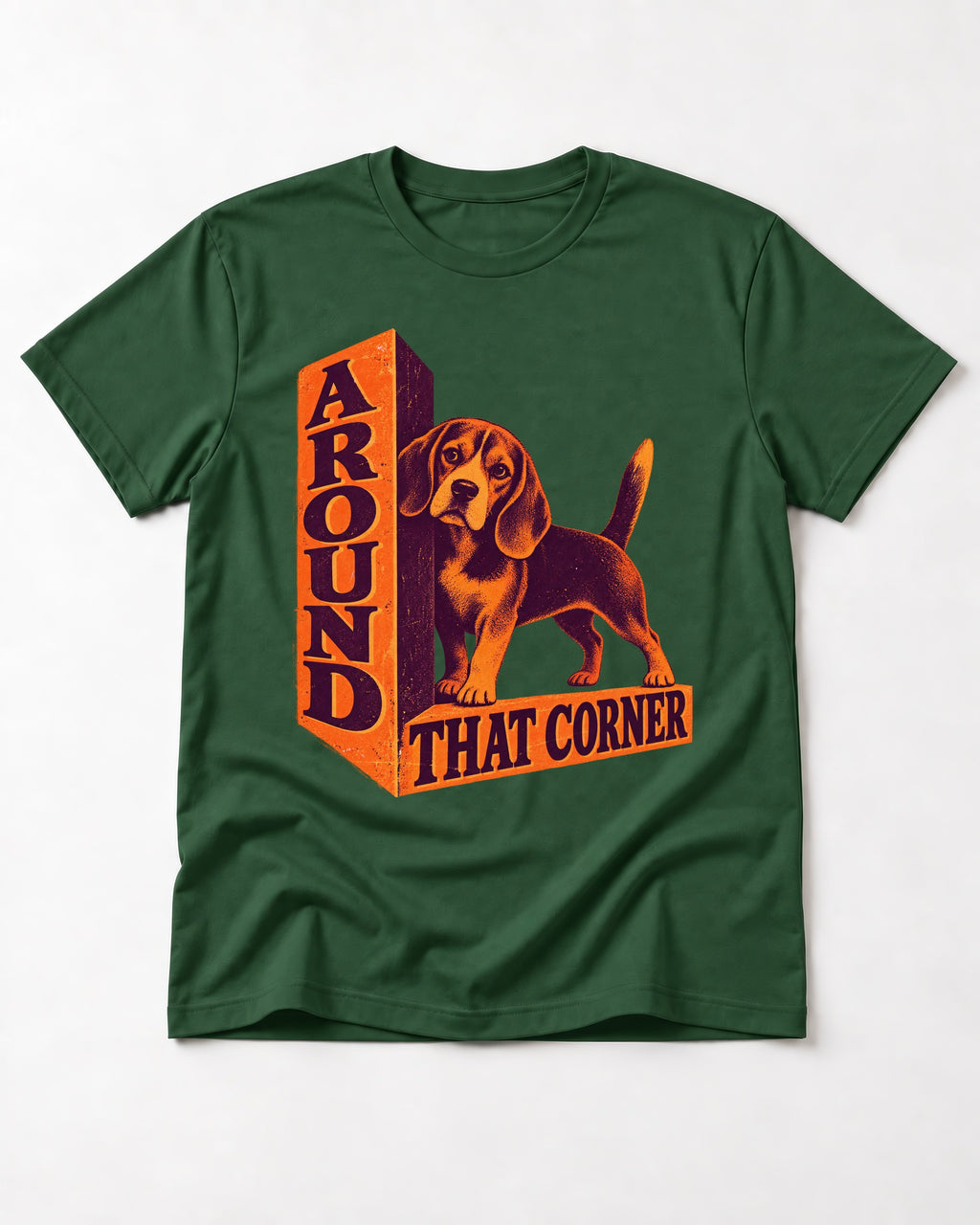 Beagle Around That Corner Graphic T-Shirt in Forest Green, flat lay product photo