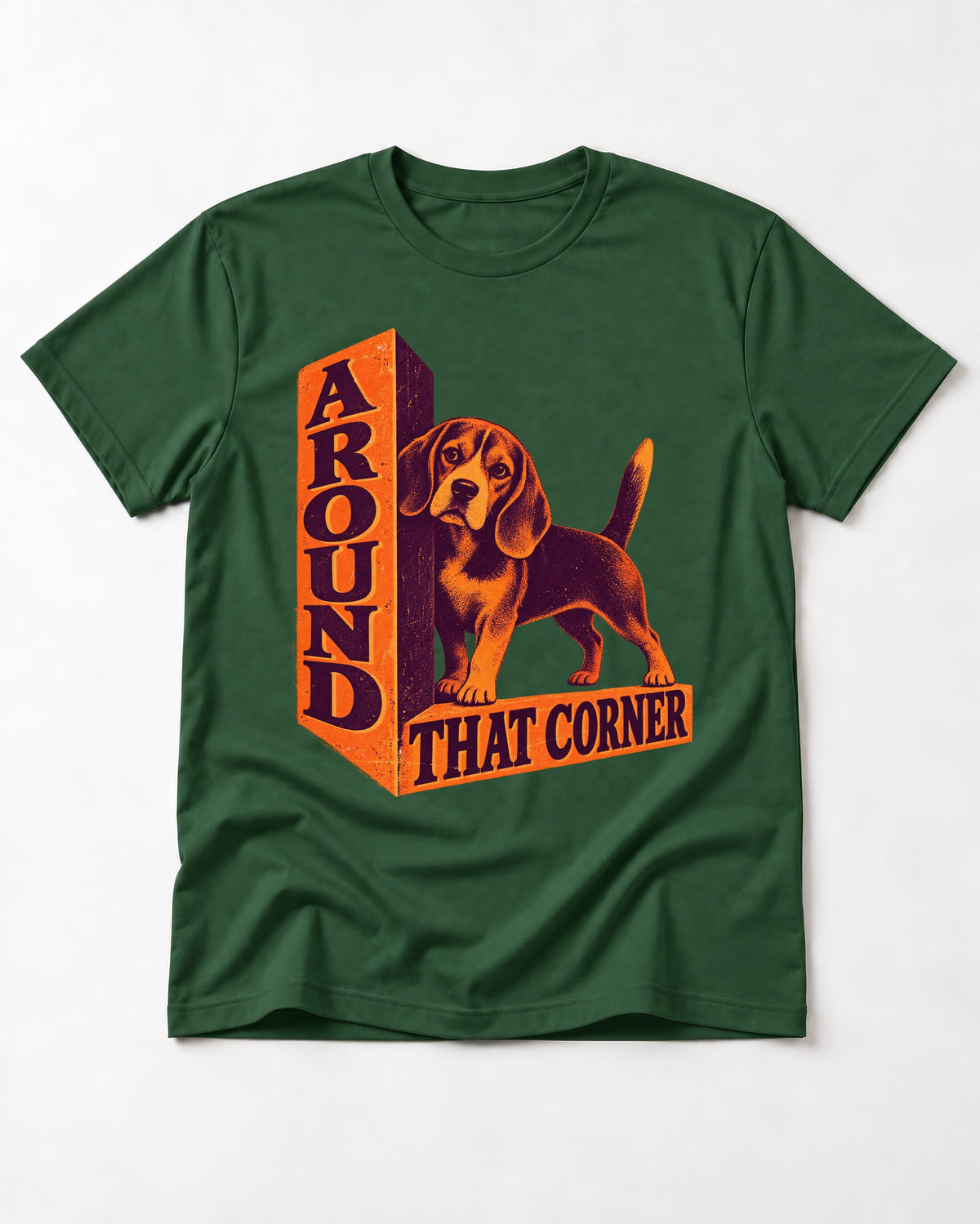 Beagle Around That Corner Graphic T-Shirt in Forest Green, flat lay product photo