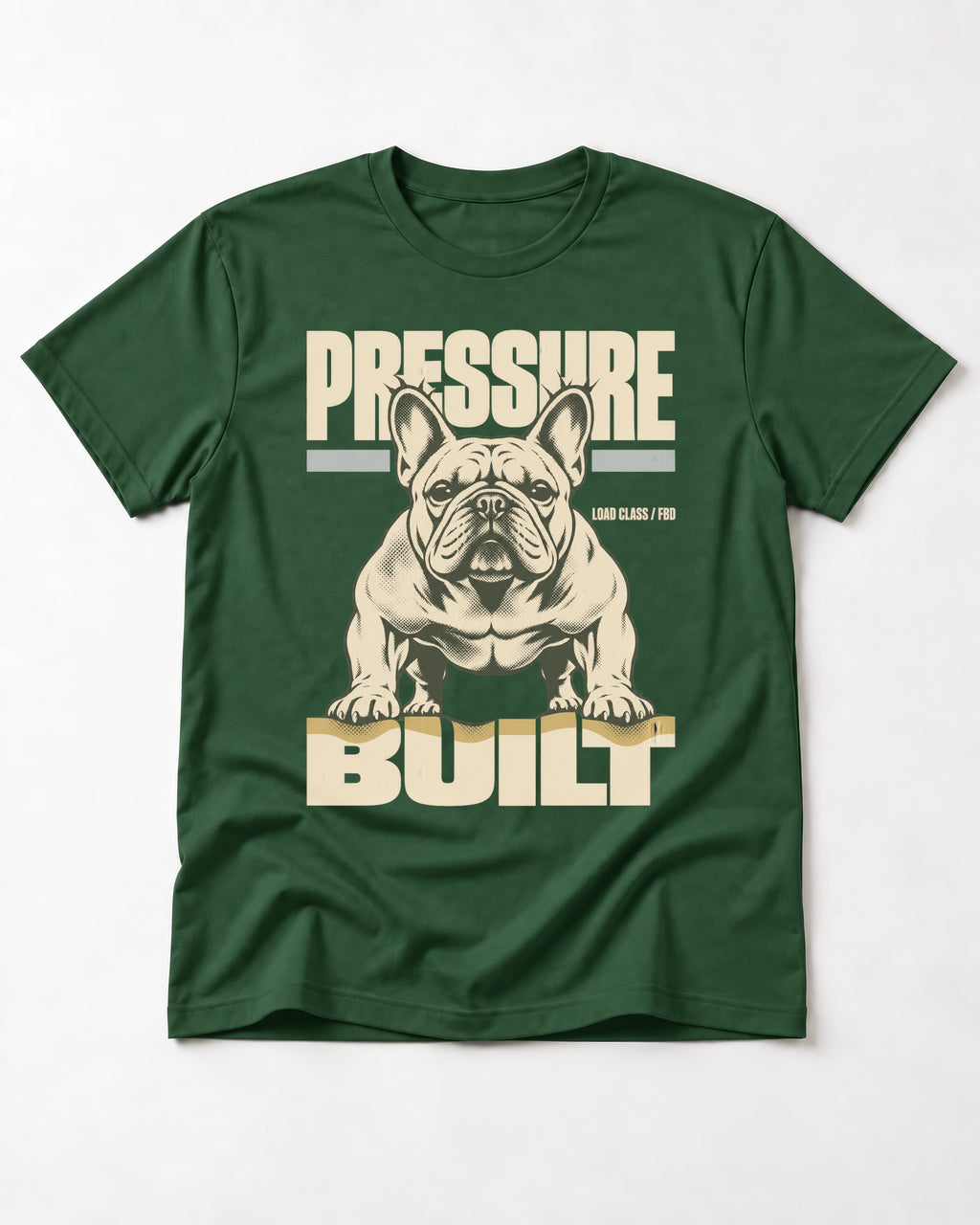 Frenchie Pressure Built Load Class Graphic T-Shirt in Forest Green, flat lay product photo