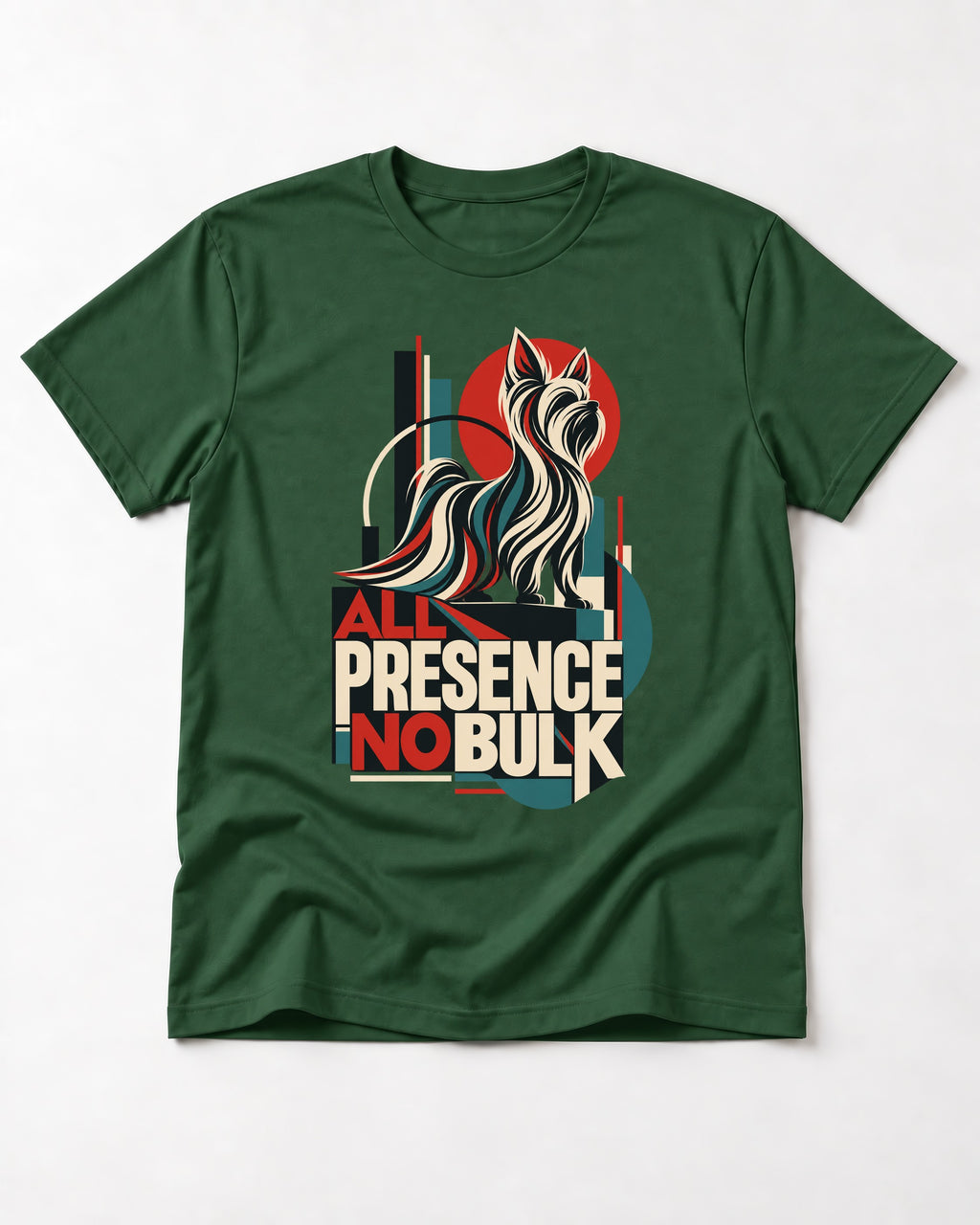 Yorkshire Terrier All Presence No Bulk Geometric Portrait Graphic T-Shirt in Forest Green, flat lay product photo