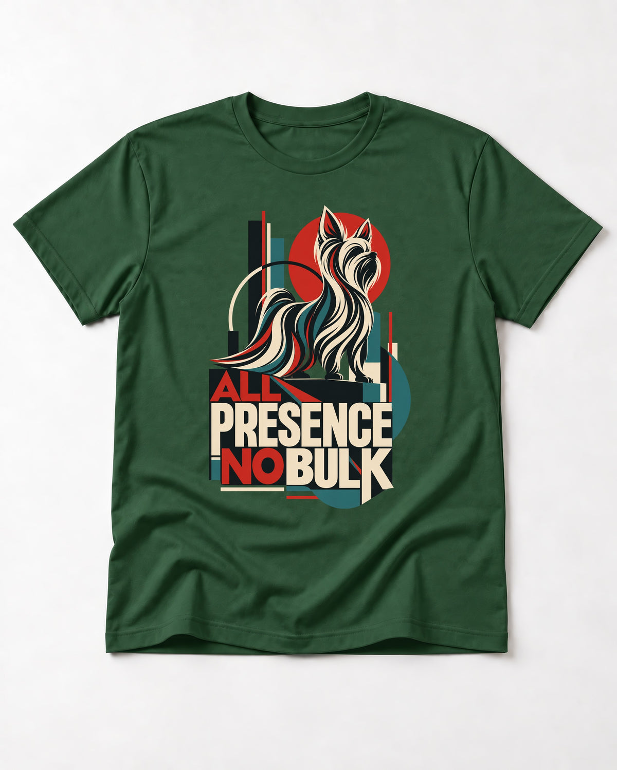 Yorkshire Terrier All Presence No Bulk Geometric Portrait Graphic T-Shirt in Forest Green, flat lay product photo