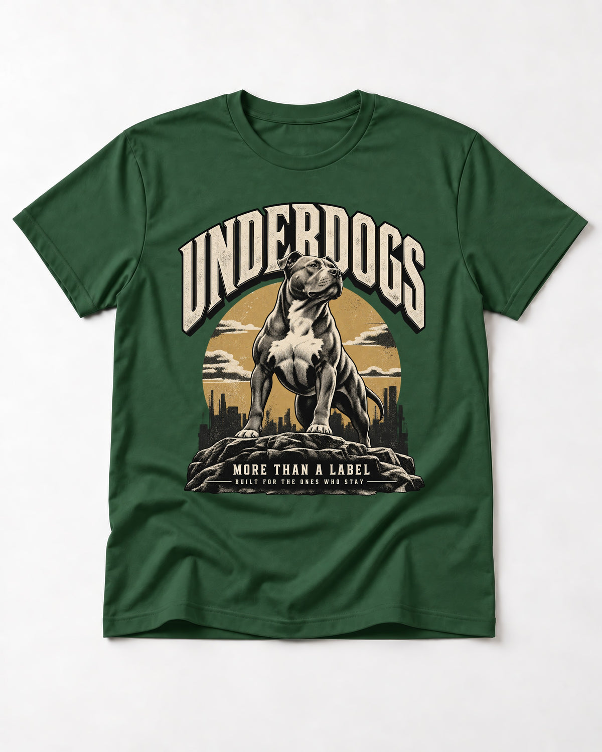 Pitbull Underdogs City Monument Graphic T-Shirt in Forest Green, flat lay product photo