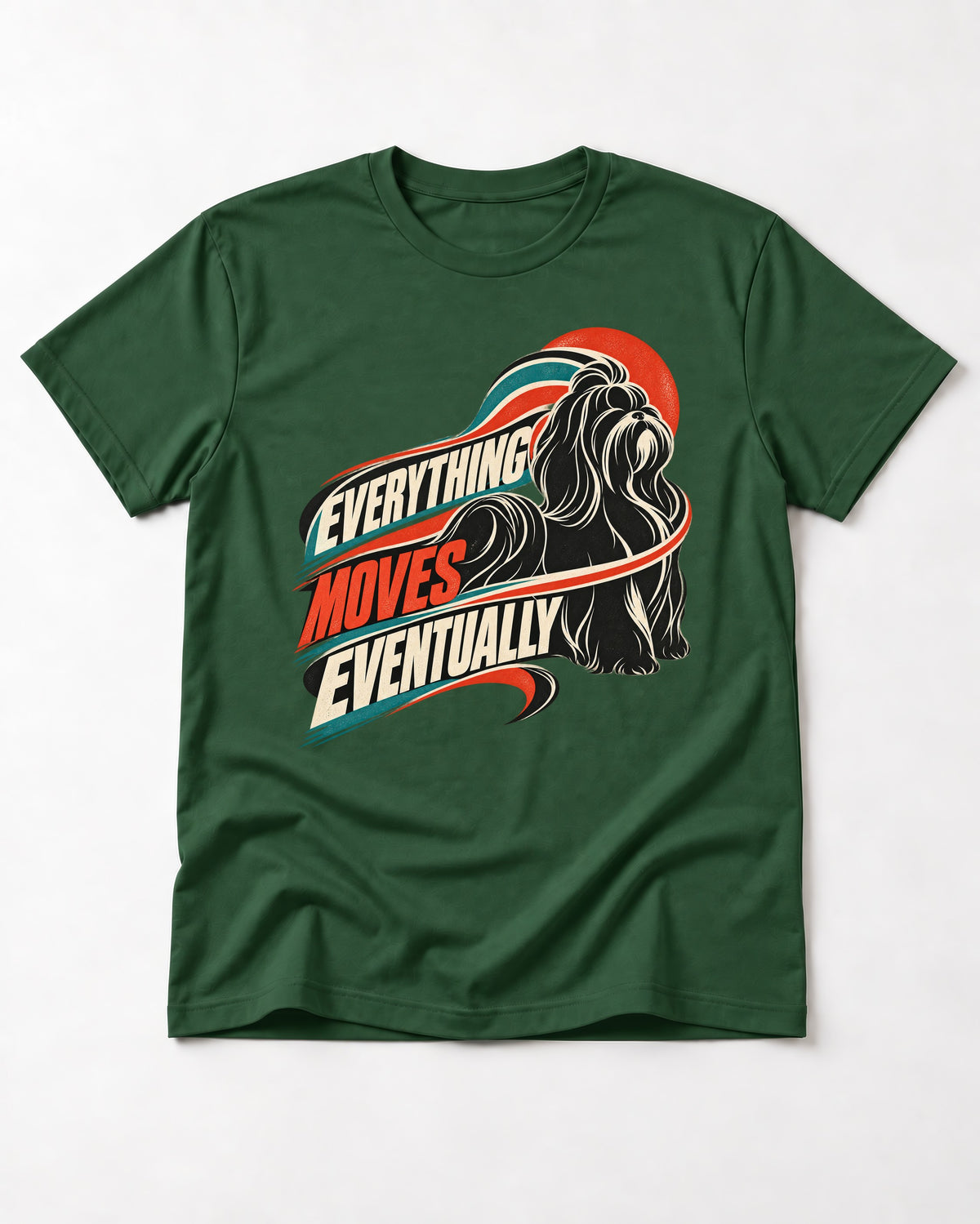 Shih Tzu Everything Moves Eventually Retro Speed Graphic T-Shirt in Forest Green, flat lay product photo