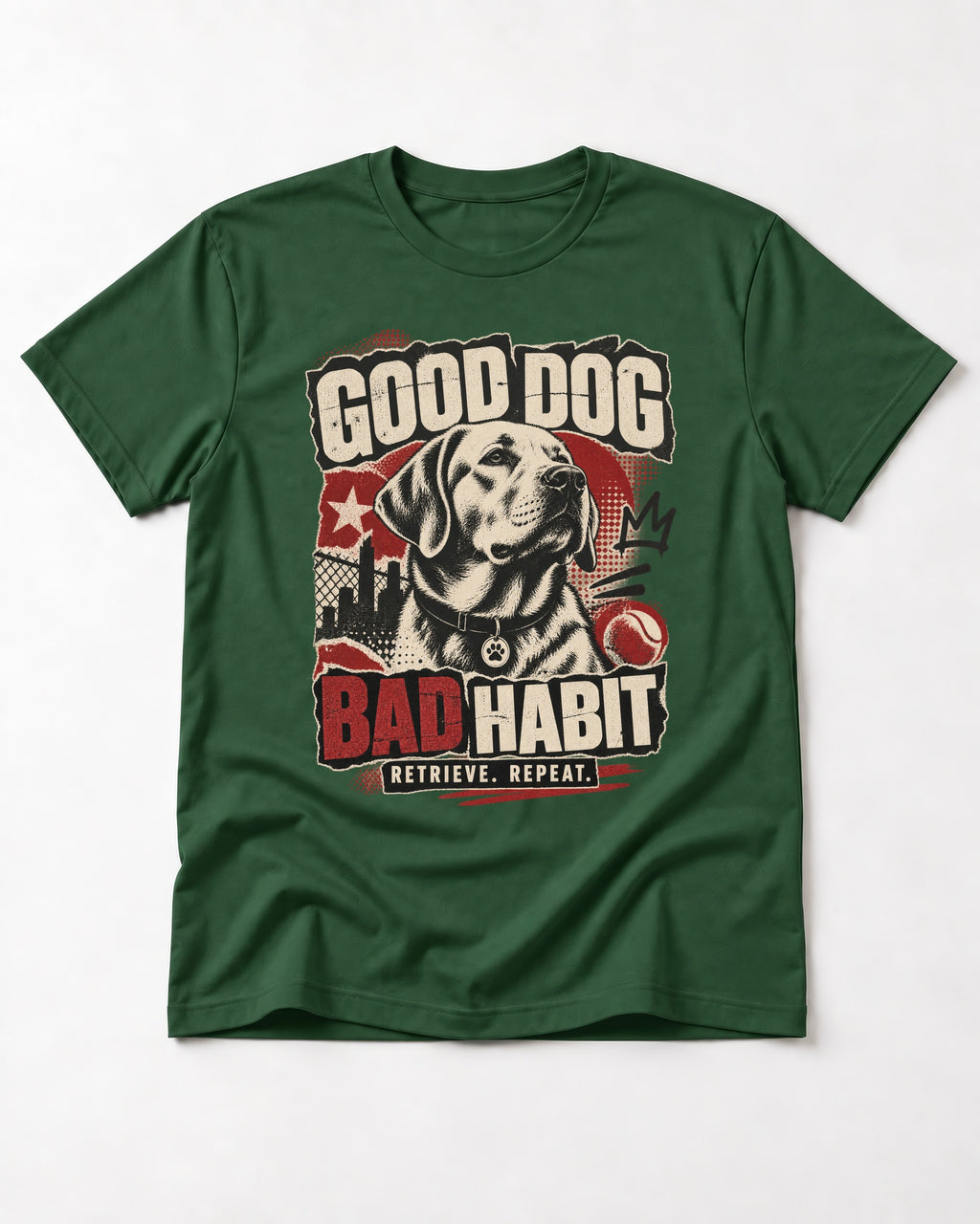 Labrador Retriever Good Dog Bad Habit Poster Graphic T-Shirt in Forest Green, flat lay product photo