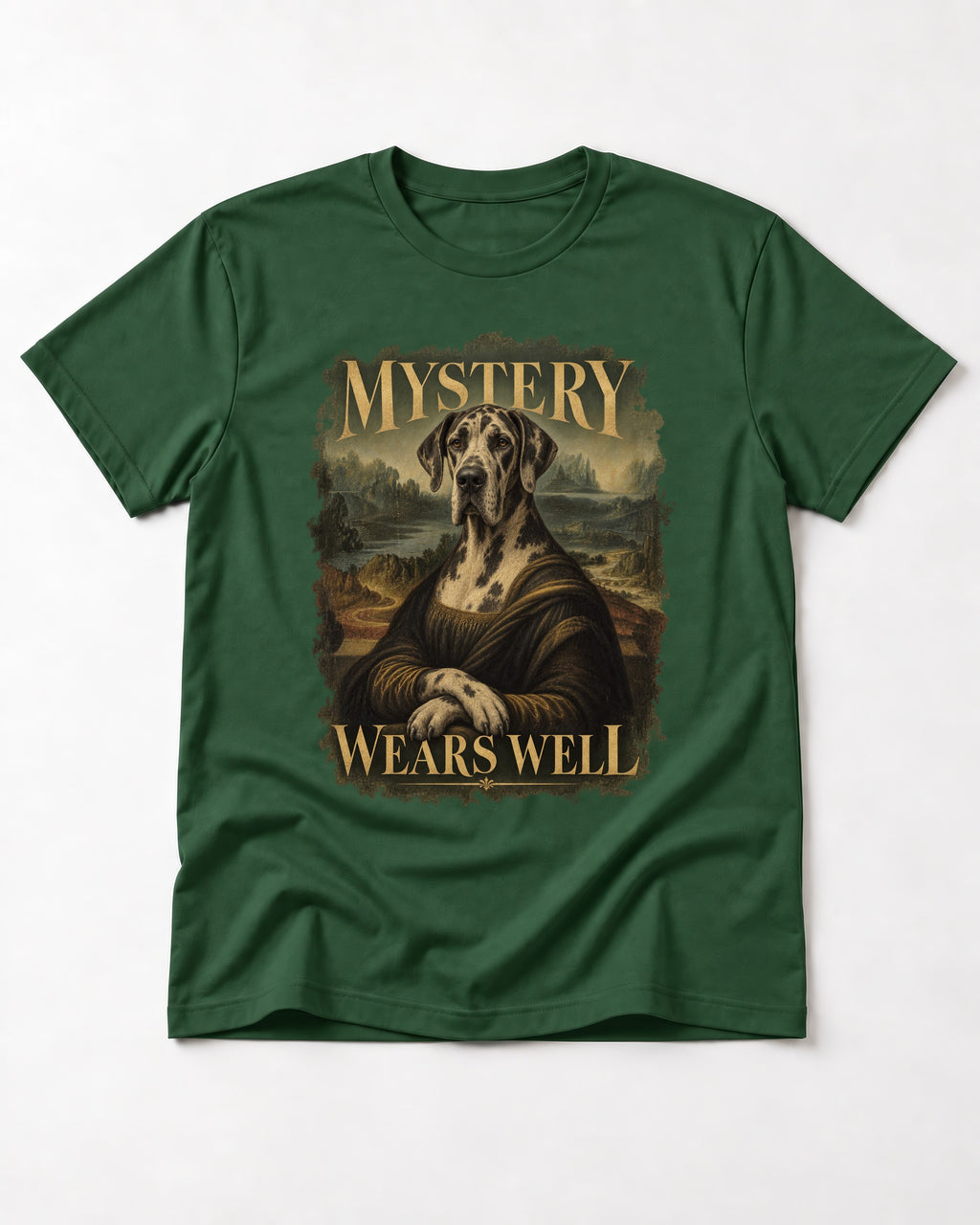Great Dane Mystery Wears Well Renaissance Portrait Graphic T-Shirt in Forest Green, flat lay product photo