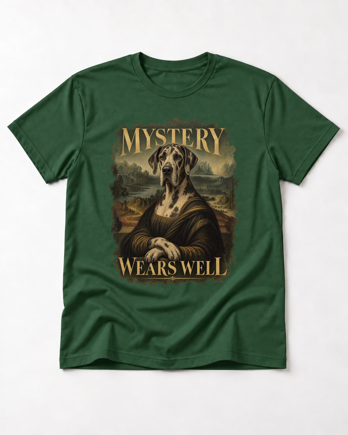 Great Dane Mystery Wears Well Renaissance Portrait Graphic T-Shirt in Forest Green, flat lay product photo
