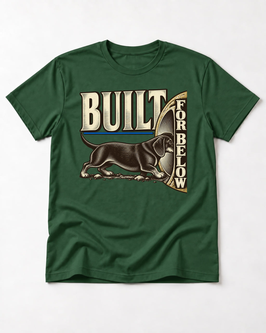Dachshund Built for Below Vintage Burrow Graphic T-Shirt in Forest Green, flat lay product photo