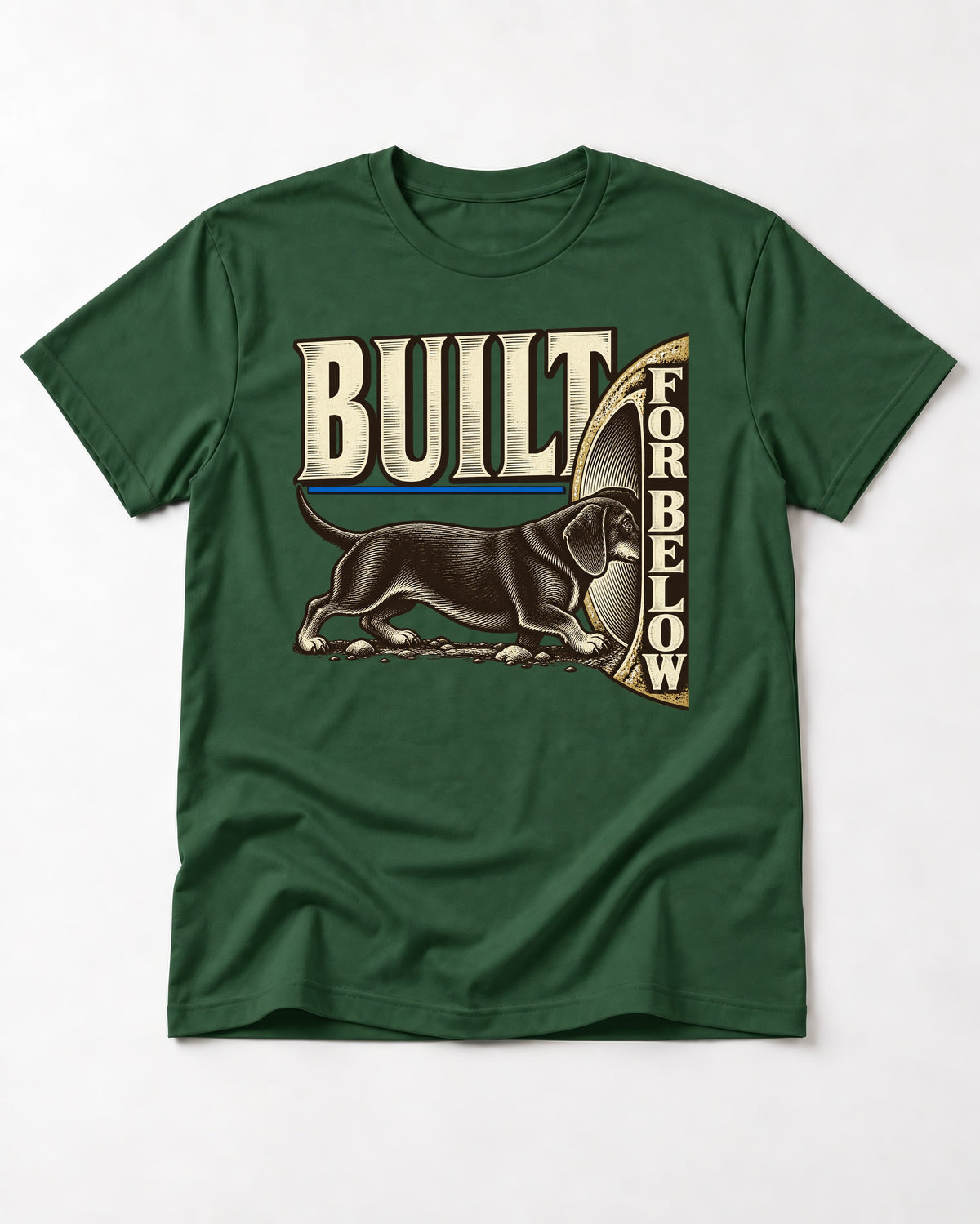 Dachshund Built for Below Vintage Burrow Graphic T-Shirt in Forest Green, flat lay product photo