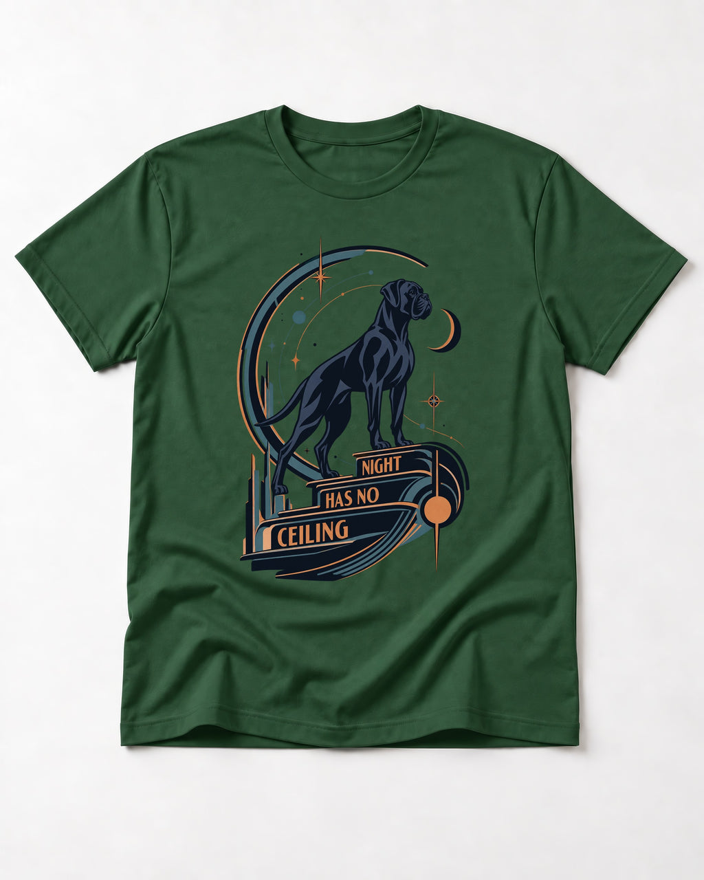 Night Has No Ceiling Boxer Cosmic Graphic T-Shirt in Forest Green, flat lay product photo