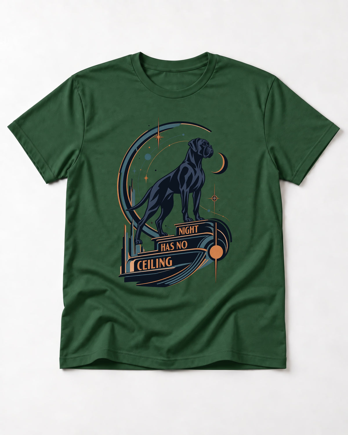 Night Has No Ceiling Boxer Cosmic Graphic T-Shirt in Forest Green, flat lay product photo