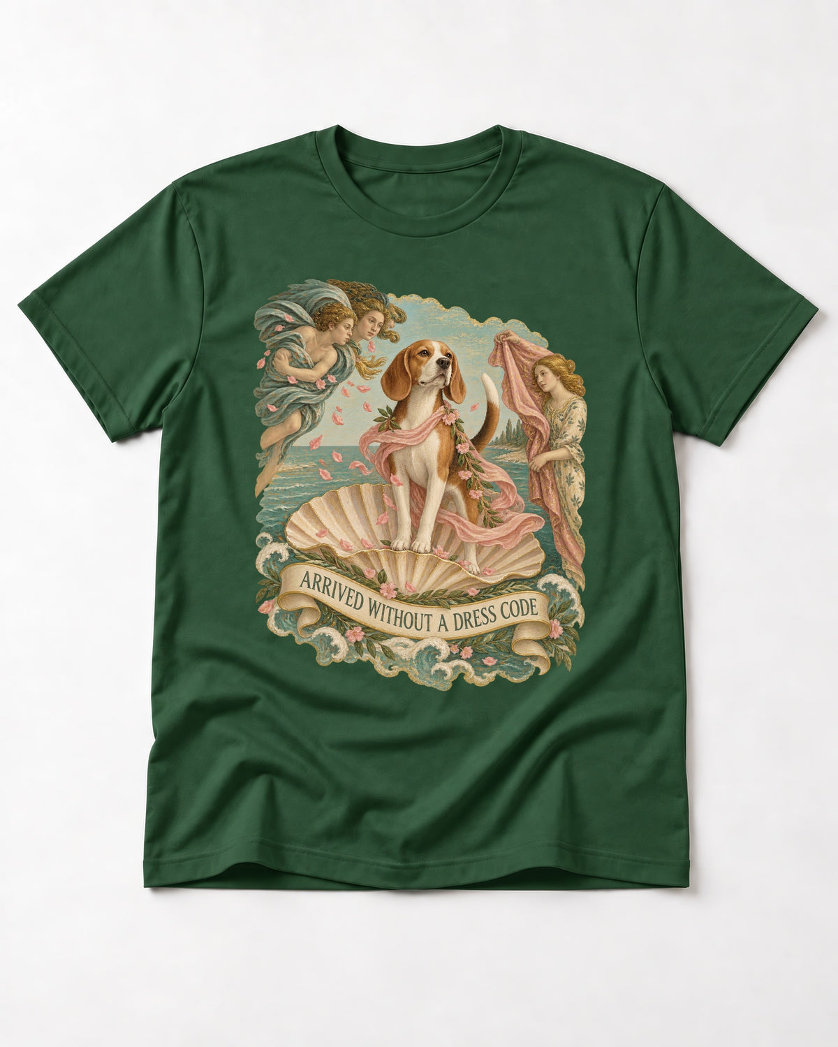 Beagle Arrived Without A Dress Code T-Shirt in Forest Green, flat lay product photo
