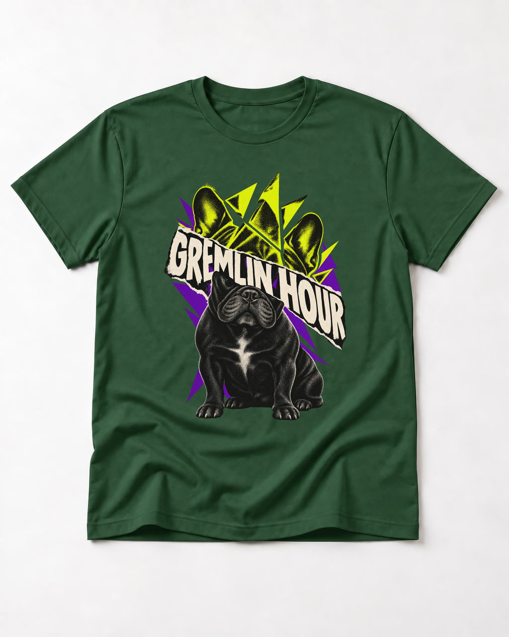 Frenchie Gremlin Hour Fracture Portrait Graphic T-Shirt in Forest Green, flat lay product photo