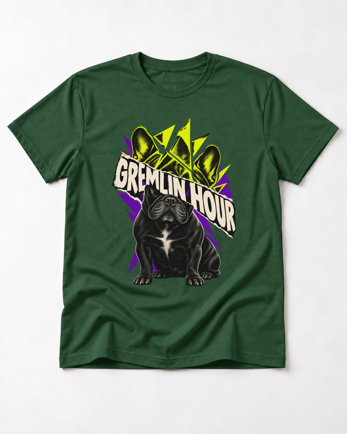 Frenchie Gremlin Hour Fracture Portrait Graphic T-Shirt in Forest Green, flat lay product photo