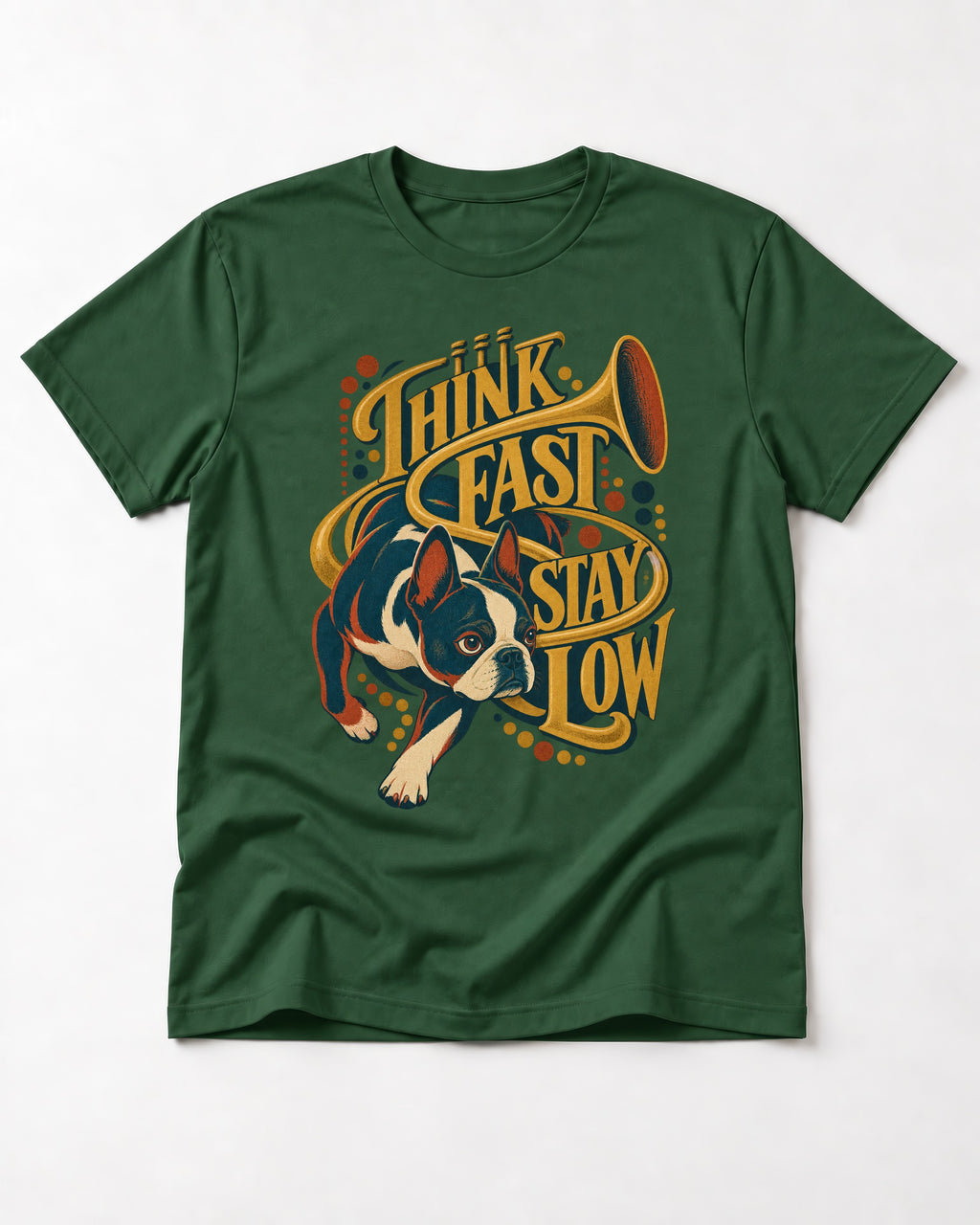 Boston Terrier Think Fast Stay Low T-Shirt in Forest Green, flat lay product photo