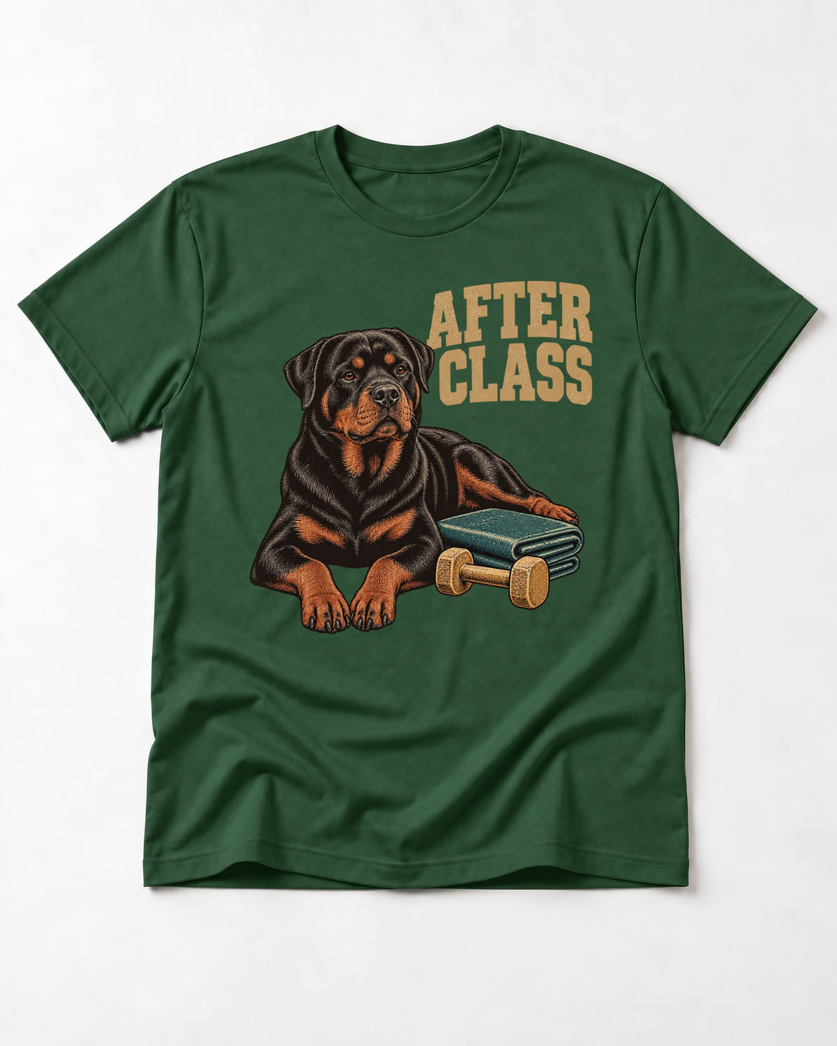 Rottweiler After Class Books and Dumbbell Graphic T-Shirt in Forest Green, flat lay product photo