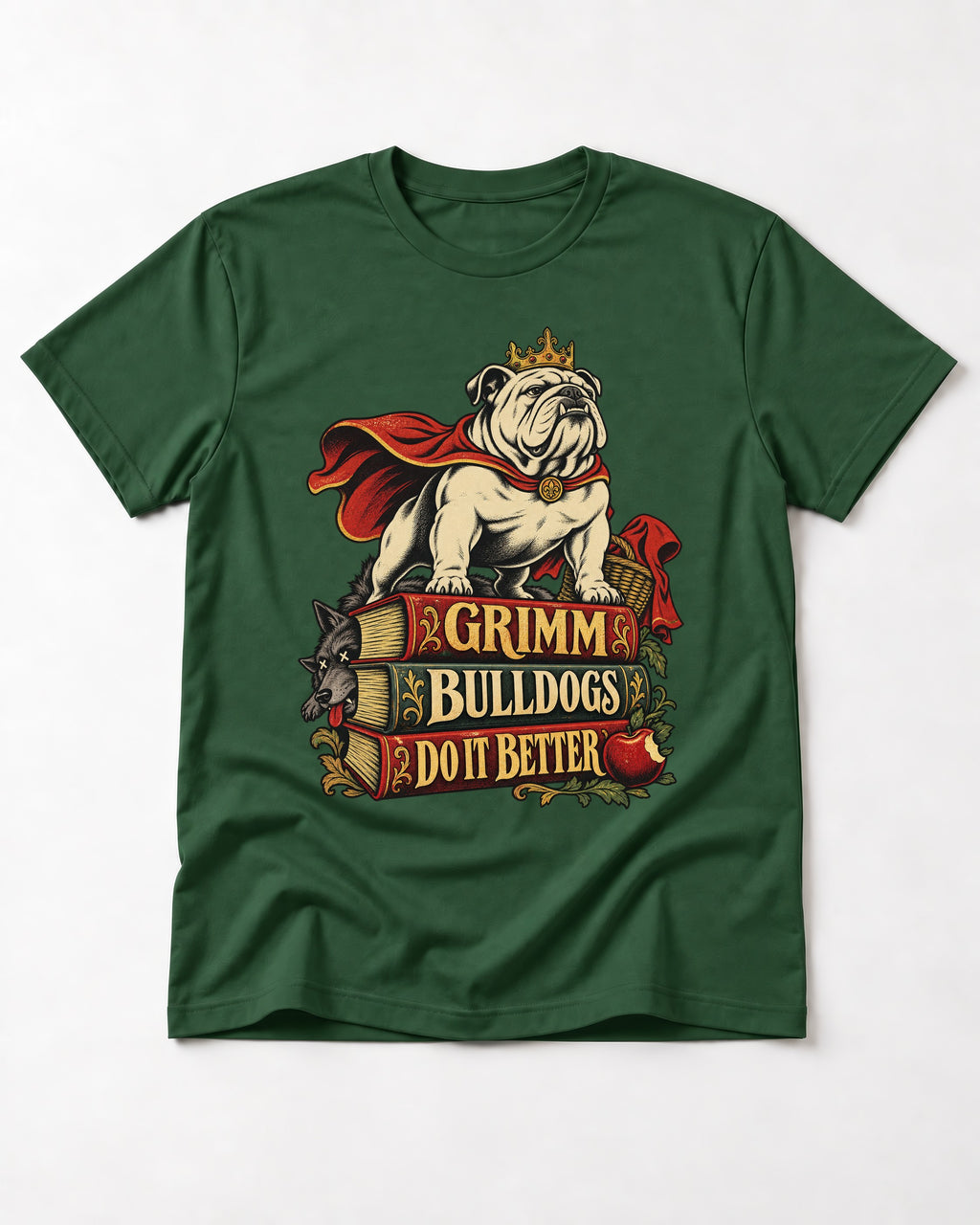English Bulldog Grimm Bulldogs Do It Better Storybook Graphic T-Shirt in Forest Green, flat lay product photo