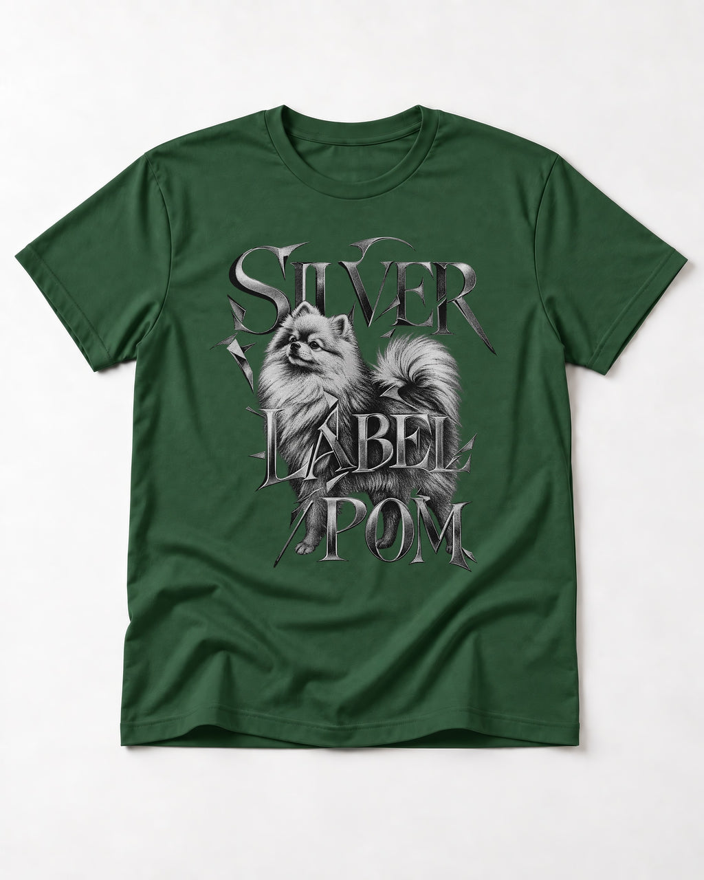 Pomeranian Silver Label Metallic Typography Graphic T-Shirt in Forest Green, flat lay product photo