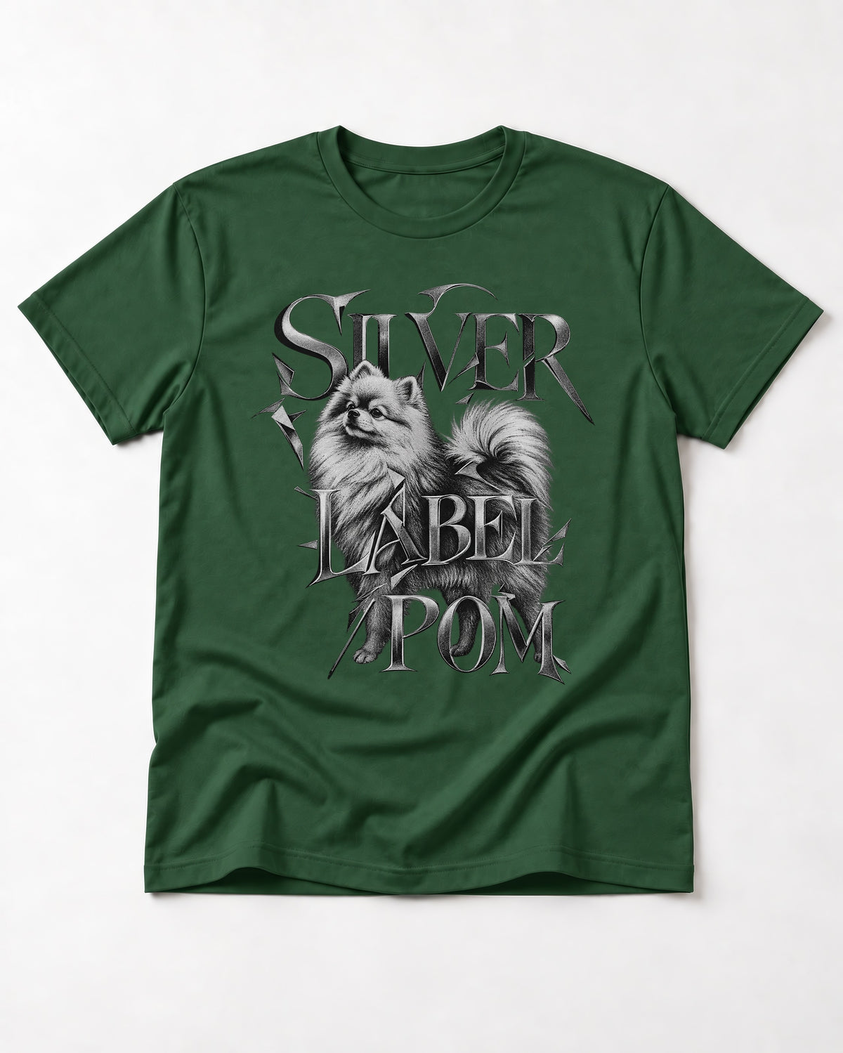 Pomeranian Silver Label Metallic Typography Graphic T-Shirt in Forest Green, flat lay product photo