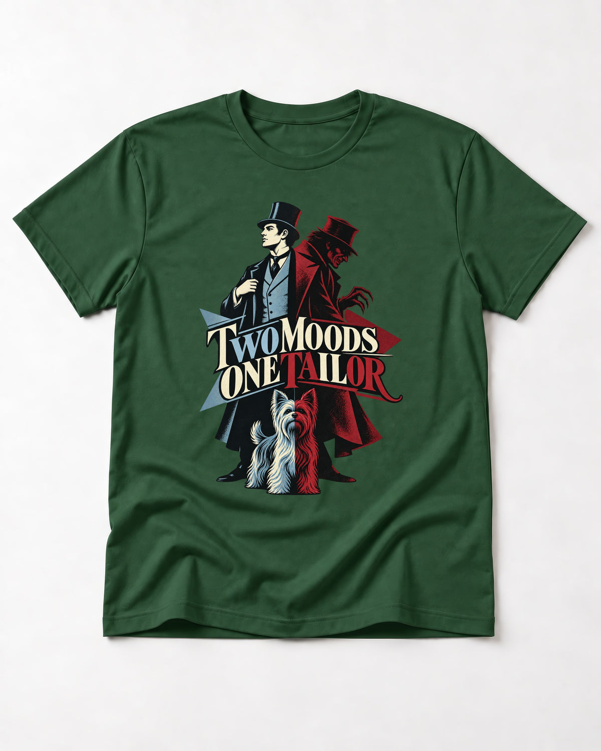 Yorkshire Terrier Two Moods One Tailor Split Persona Graphic T-Shirt in Forest Green, flat lay product photo