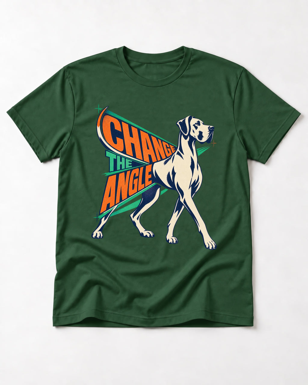 Great Dane Change the Angle Walking Graphic T-Shirt in Forest Green, flat lay product photo
