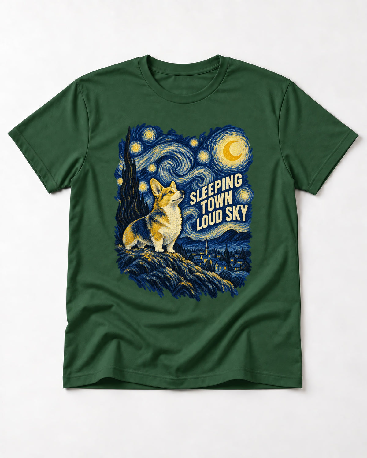 Corgi Sleeping Town Loud Sky Starry Night T-Shirt in Forest Green, flat lay product photo