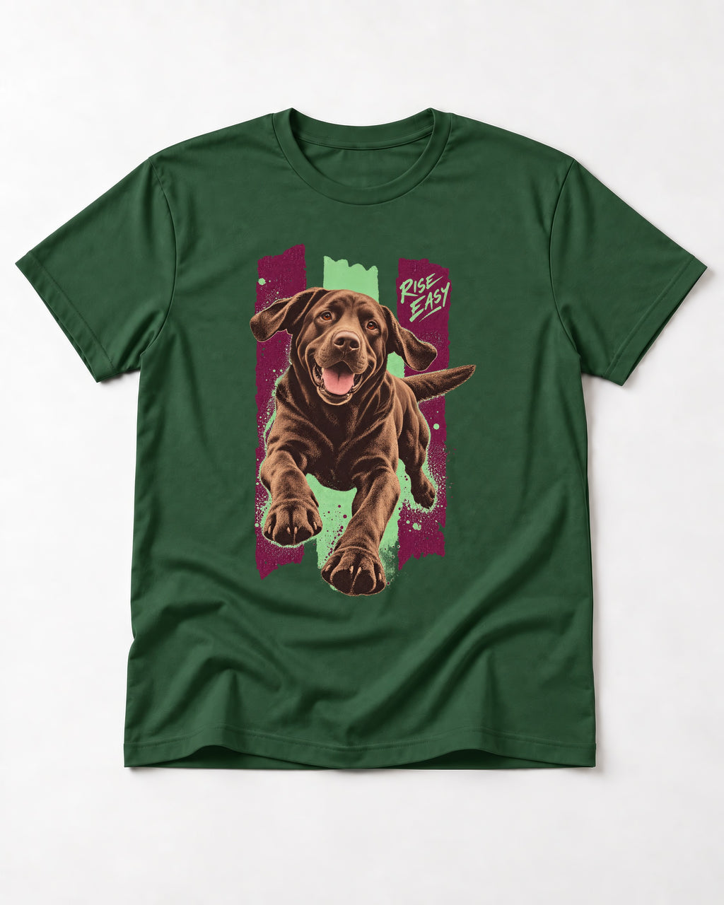 Labrador Retriever Rise Easy Running Chocolate Lab Graphic T-Shirt in Forest Green, flat lay product photo