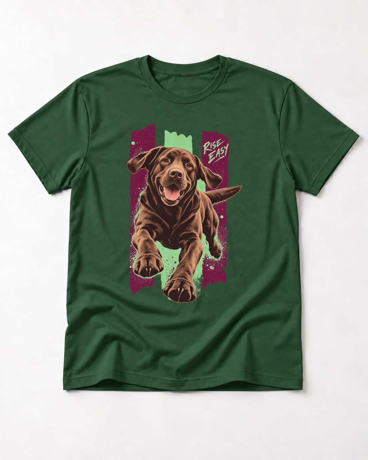 Labrador Retriever Rise Easy Running Chocolate Lab Graphic T-Shirt in Forest Green, flat lay product photo