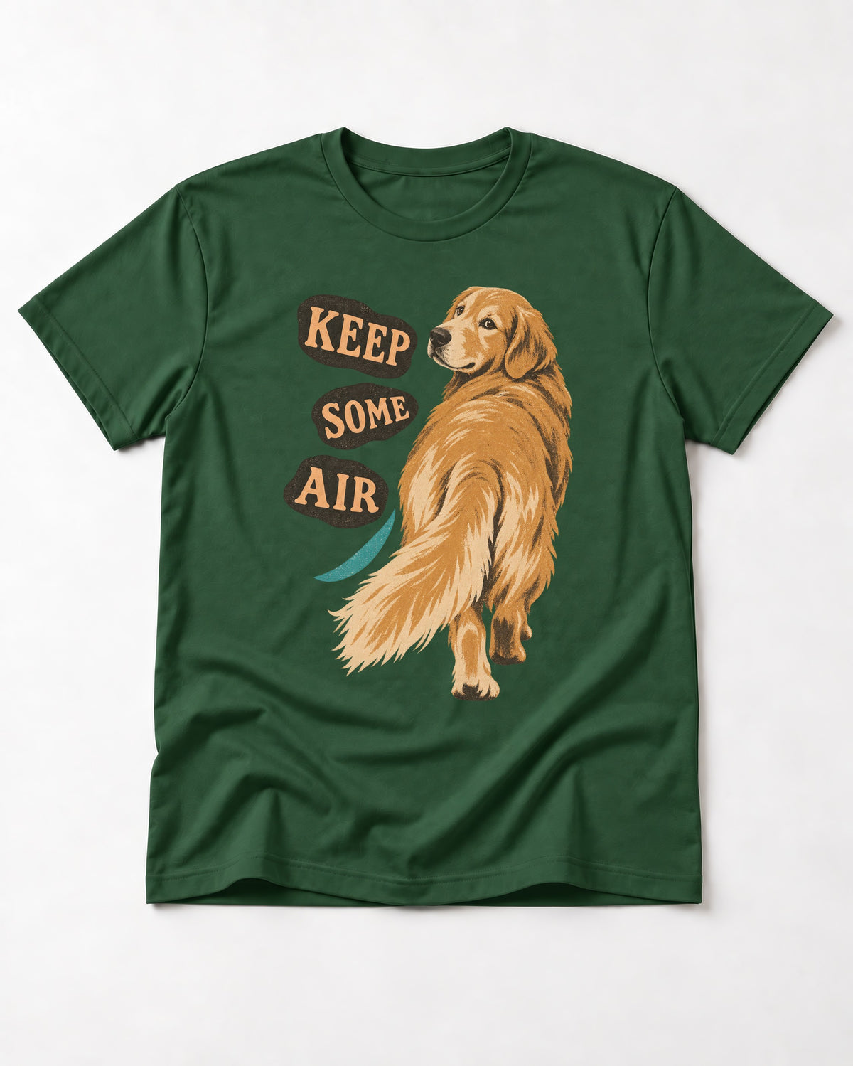 Golden Retriever Keep Some Air Looking Back Graphic T-Shirt in Forest Green, flat lay product photo