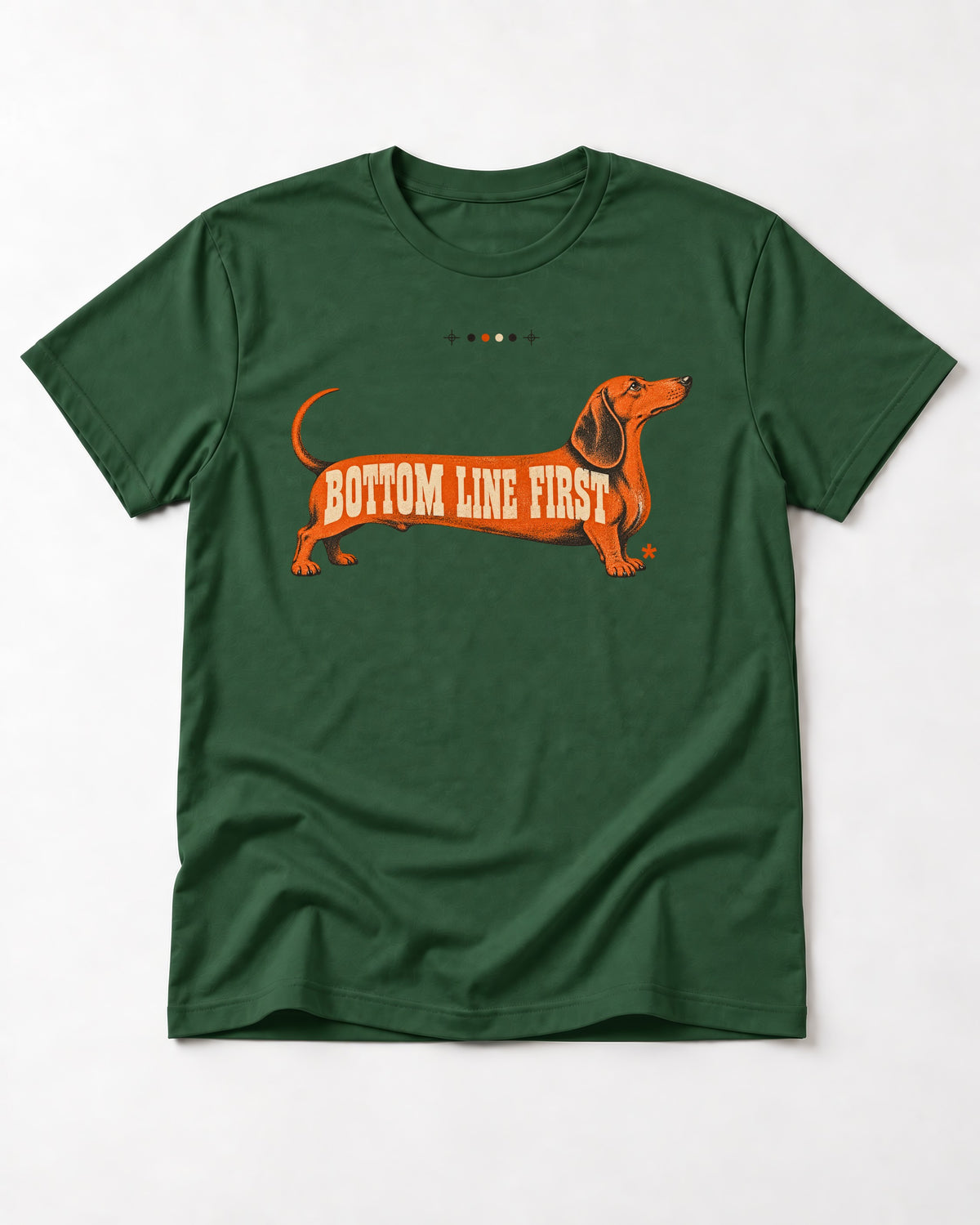 Dachshund Bottom Line First Body Lettering Graphic T-Shirt in Forest Green, flat lay product photo