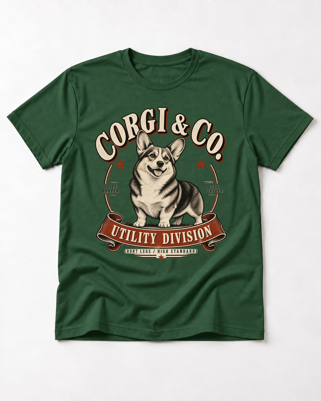 Corgi's High Standards T-Shirt in Forest Green, flat lay product photo