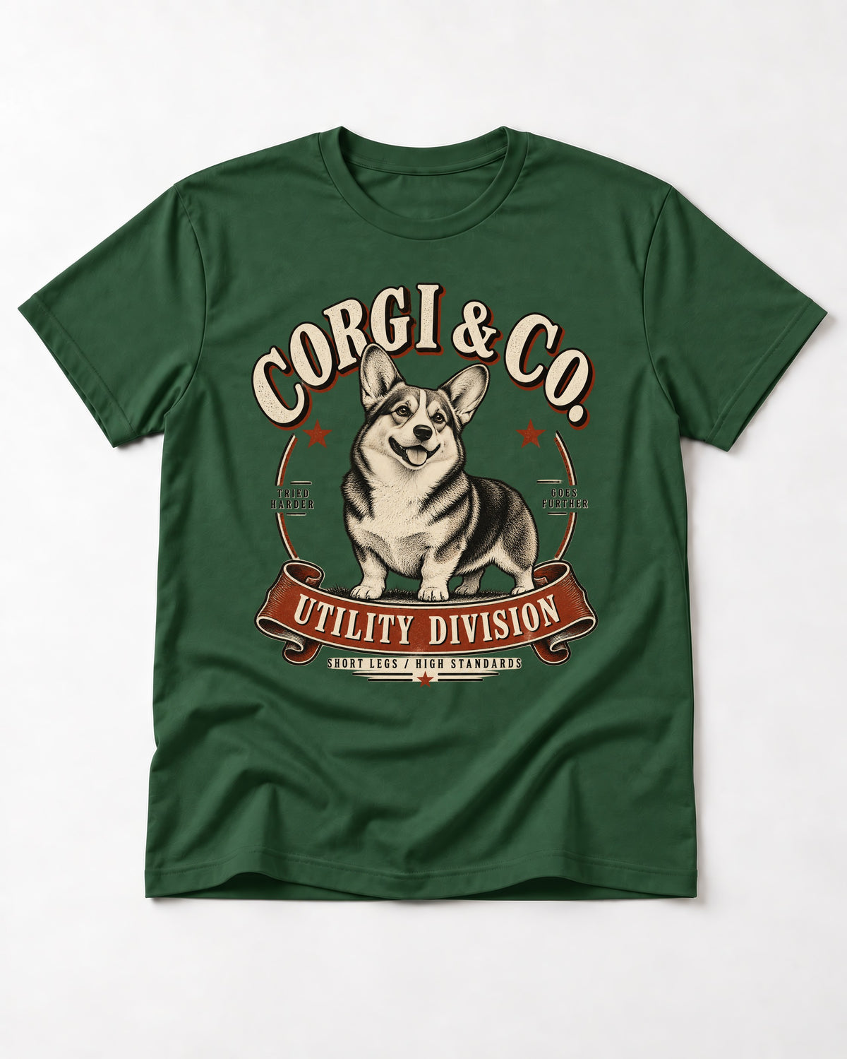 Corgi's High Standards T-Shirt in Forest Green, flat lay product photo