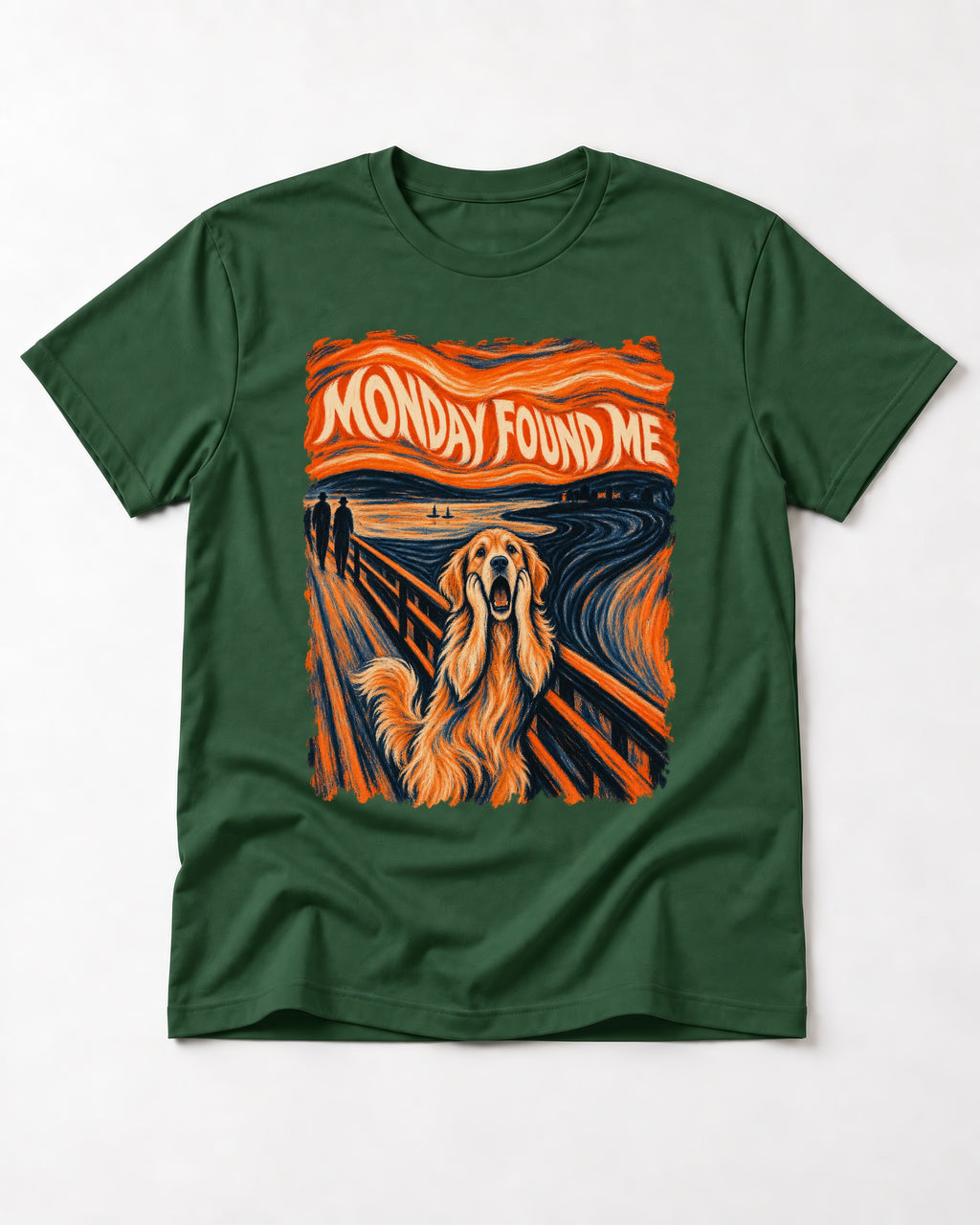 Monday Found Me Scream Golden Retriever Graphic T-Shirt in Forest Green, flat lay product photo