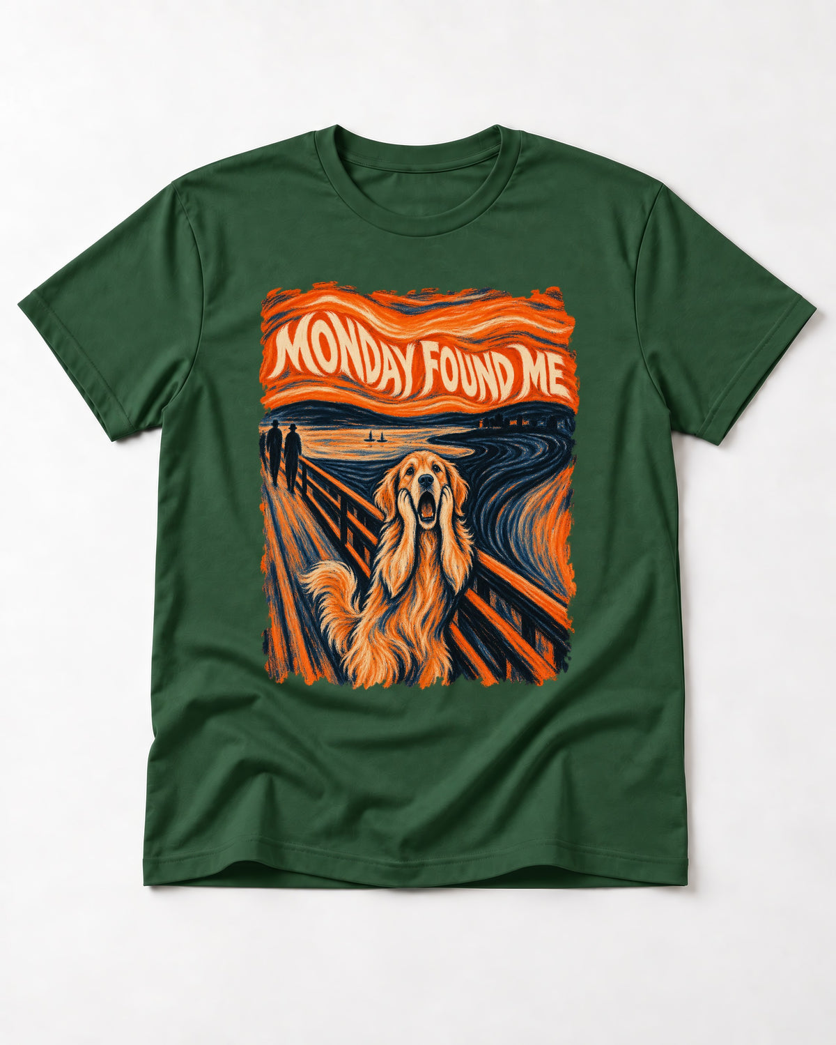 Monday Found Me Scream Golden Retriever Graphic T-Shirt in Forest Green, flat lay product photo