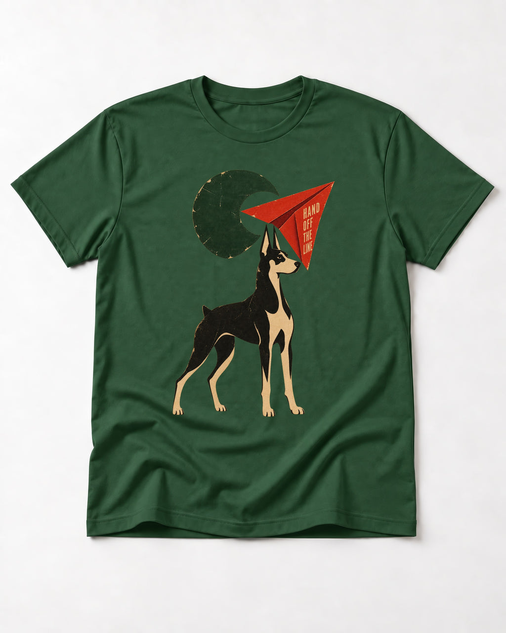 Doberman Hand Off the Line Paper Plane Graphic T-Shirt in Forest Green, flat lay product photo
