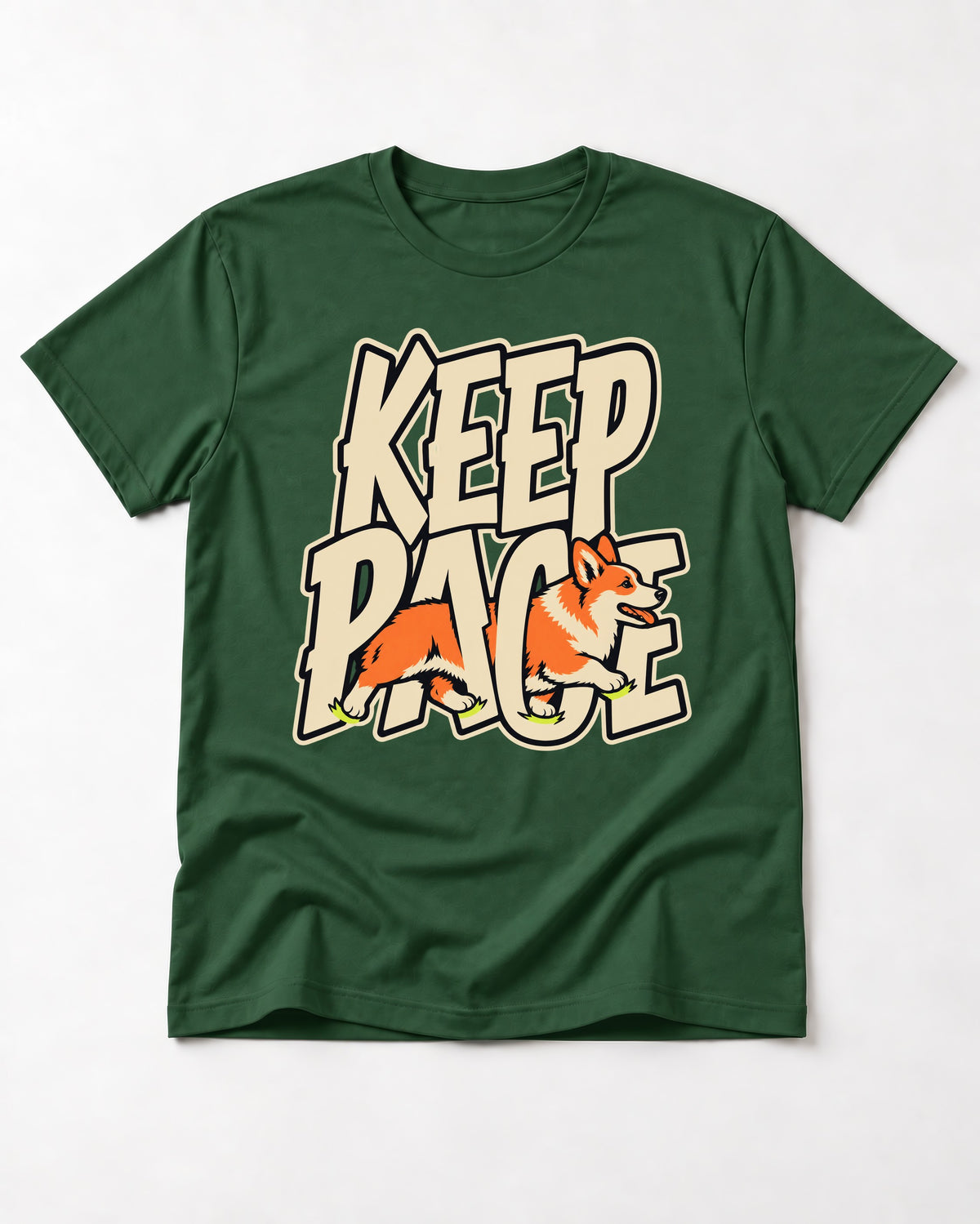 Corgi Keep Pace Running Typographic Graphic T-Shirt in Forest Green, flat lay product photo