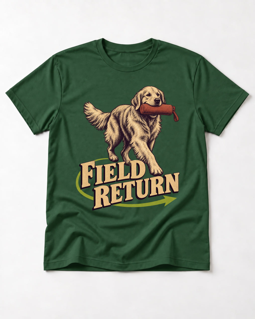 Golden Retriever Field Return Training Dummy Graphic T-Shirt in Forest Green, flat lay product photo