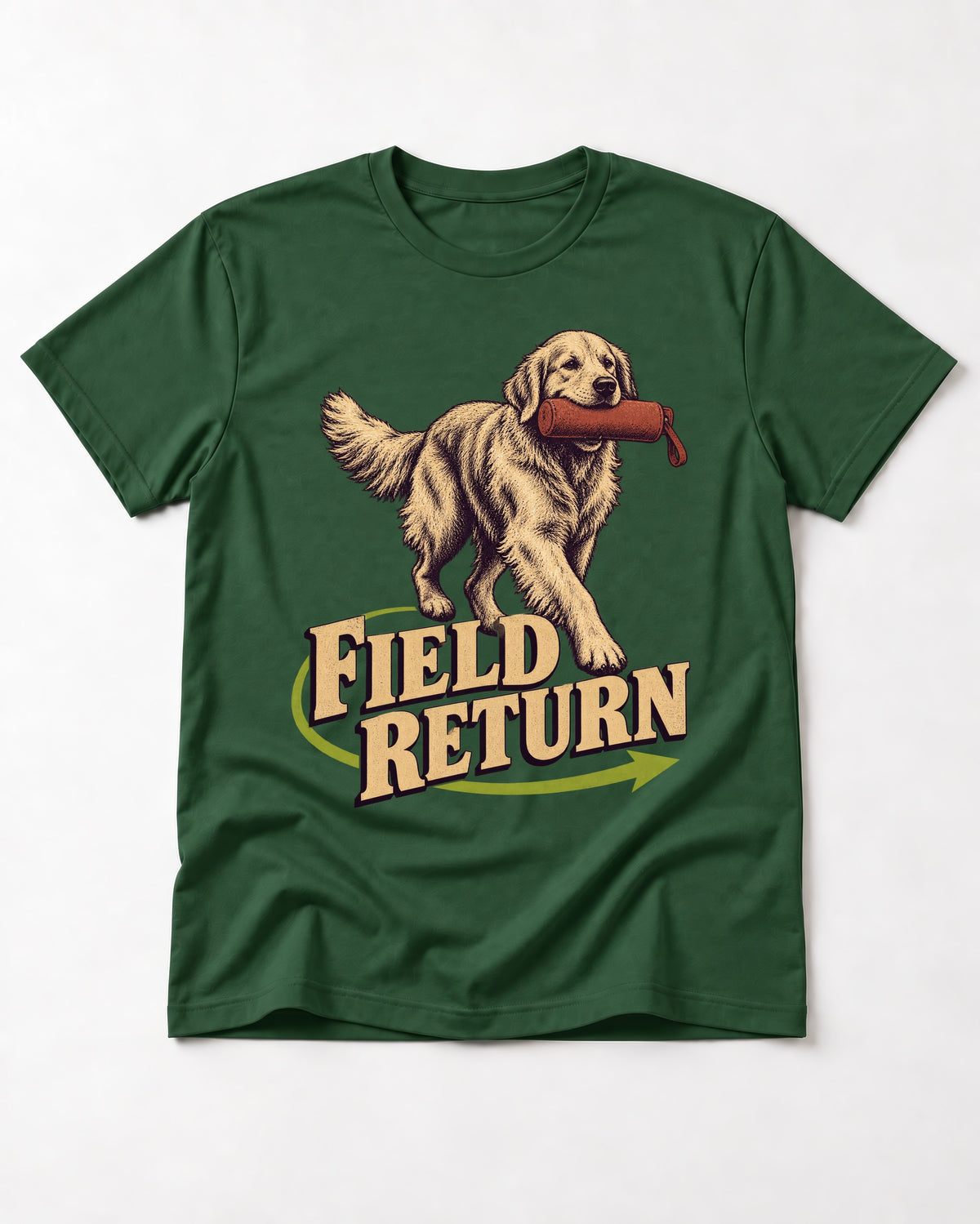 Golden Retriever Field Return Training Dummy Graphic T-Shirt in Forest Green, flat lay product photo
