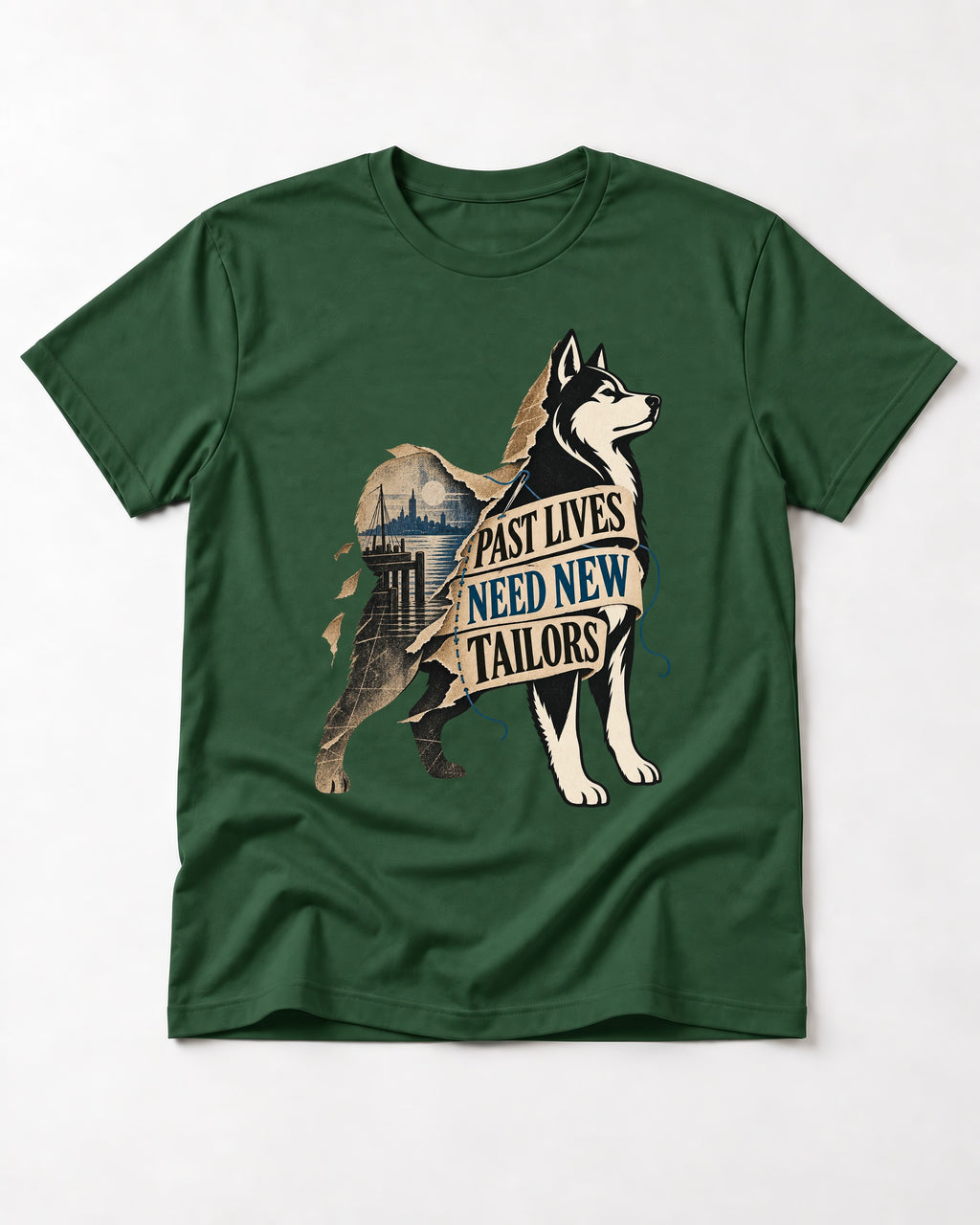 Husky Past Lives Need New Tailors Split Identity Graphic T-Shirt in Forest Green, flat lay product photo