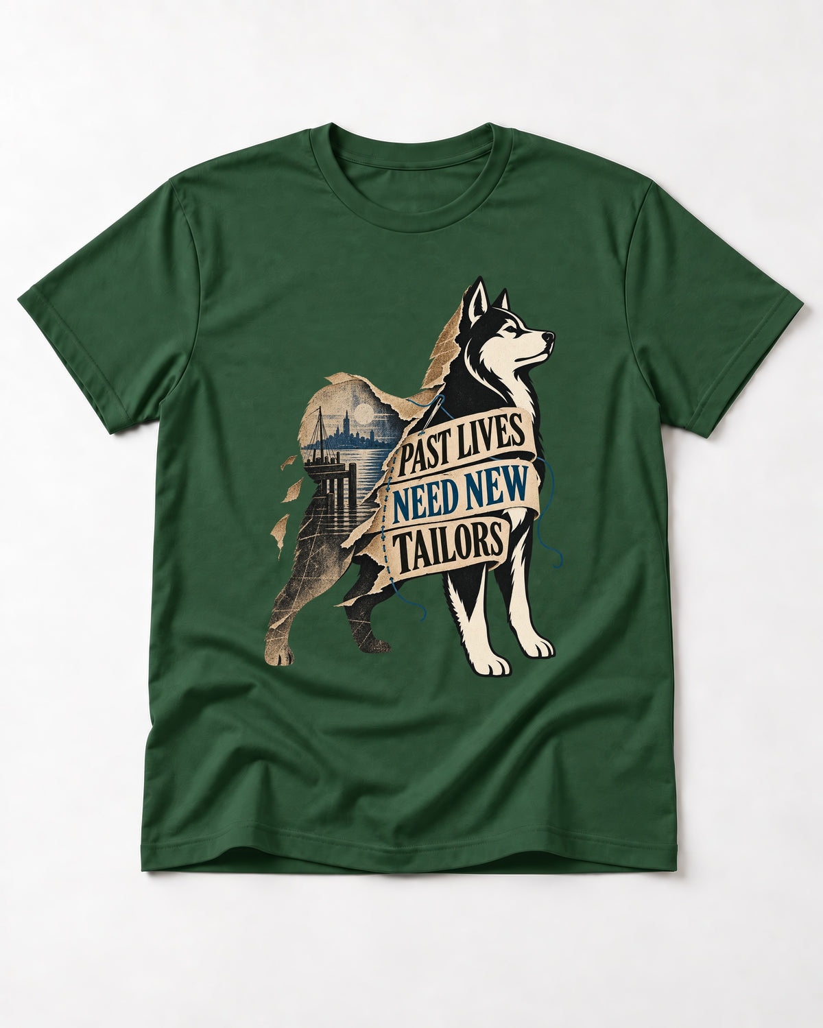 Husky Past Lives Need New Tailors Split Identity Graphic T-Shirt in Forest Green, flat lay product photo