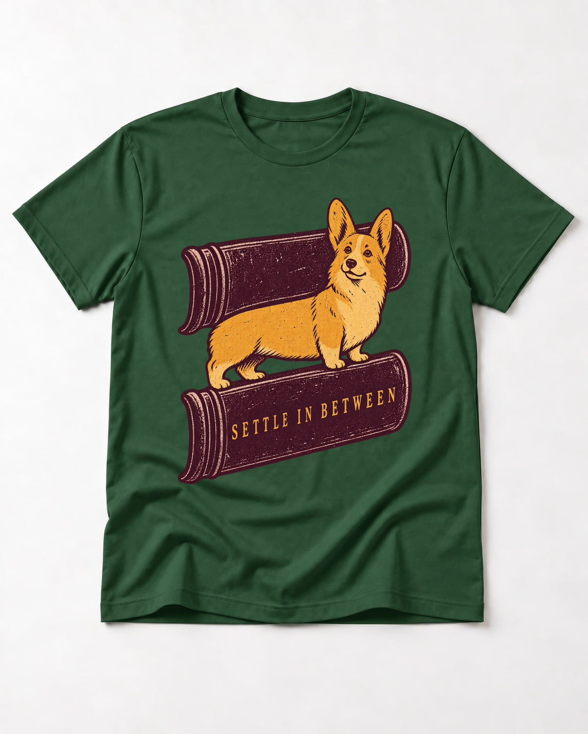 Corgi Settle in Between T-Shirt in Forest Green, flat lay product photo