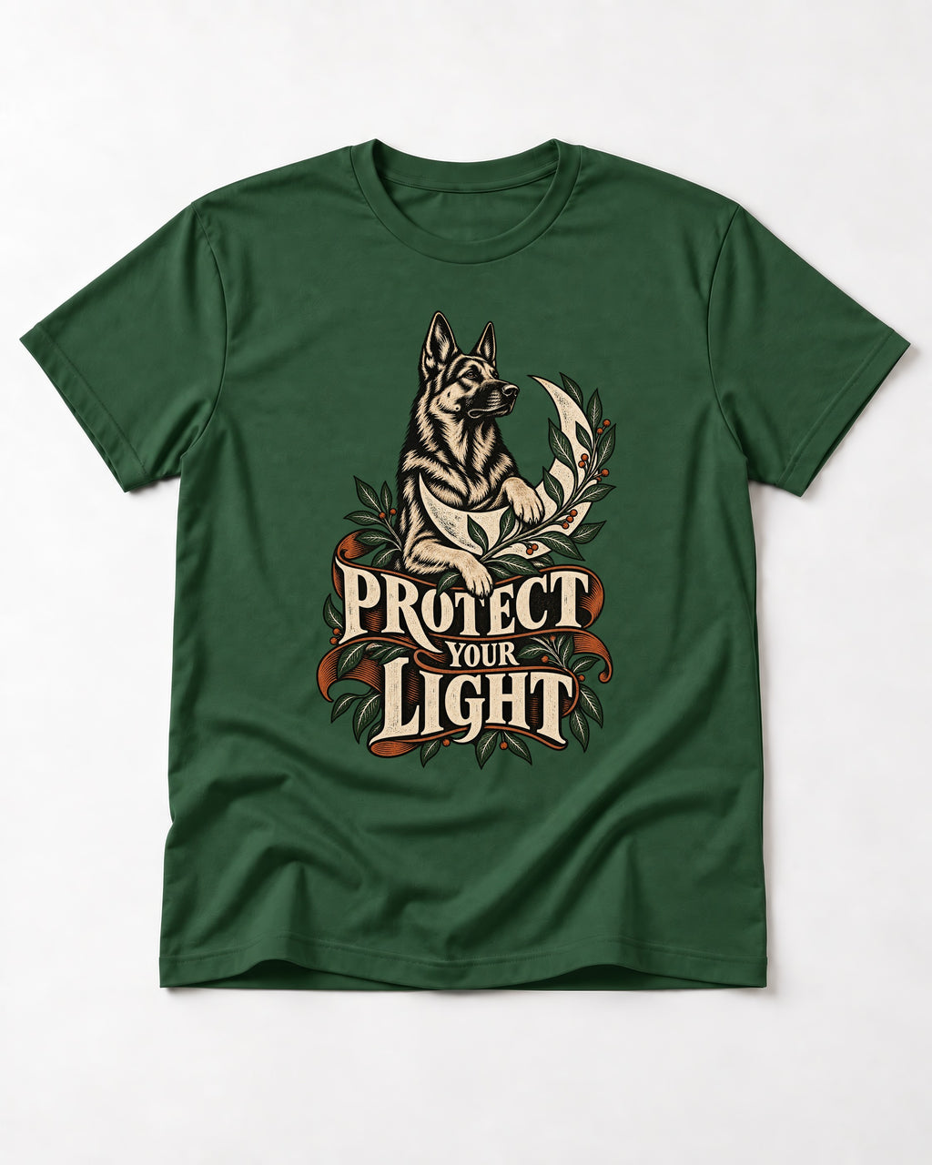 Protect Your Light Moon Botanical German Shepherd Dog Graphic T-Shirt in Forest Green, flat lay product photo